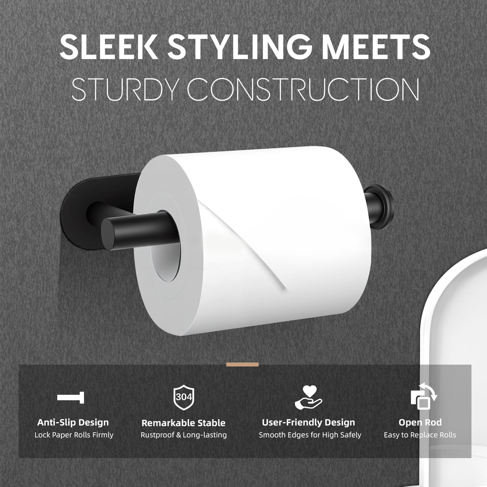 2 Pack Toilet Paper Holder, Adhesive Toilet Paper Holder Wall Mount, Premium Thicken SUS304 Stainless Steel, No Drilling Toilet Paper Stand Roll Holder for Bathroom Kitchen RV, Matte Black — Amazon image 2
