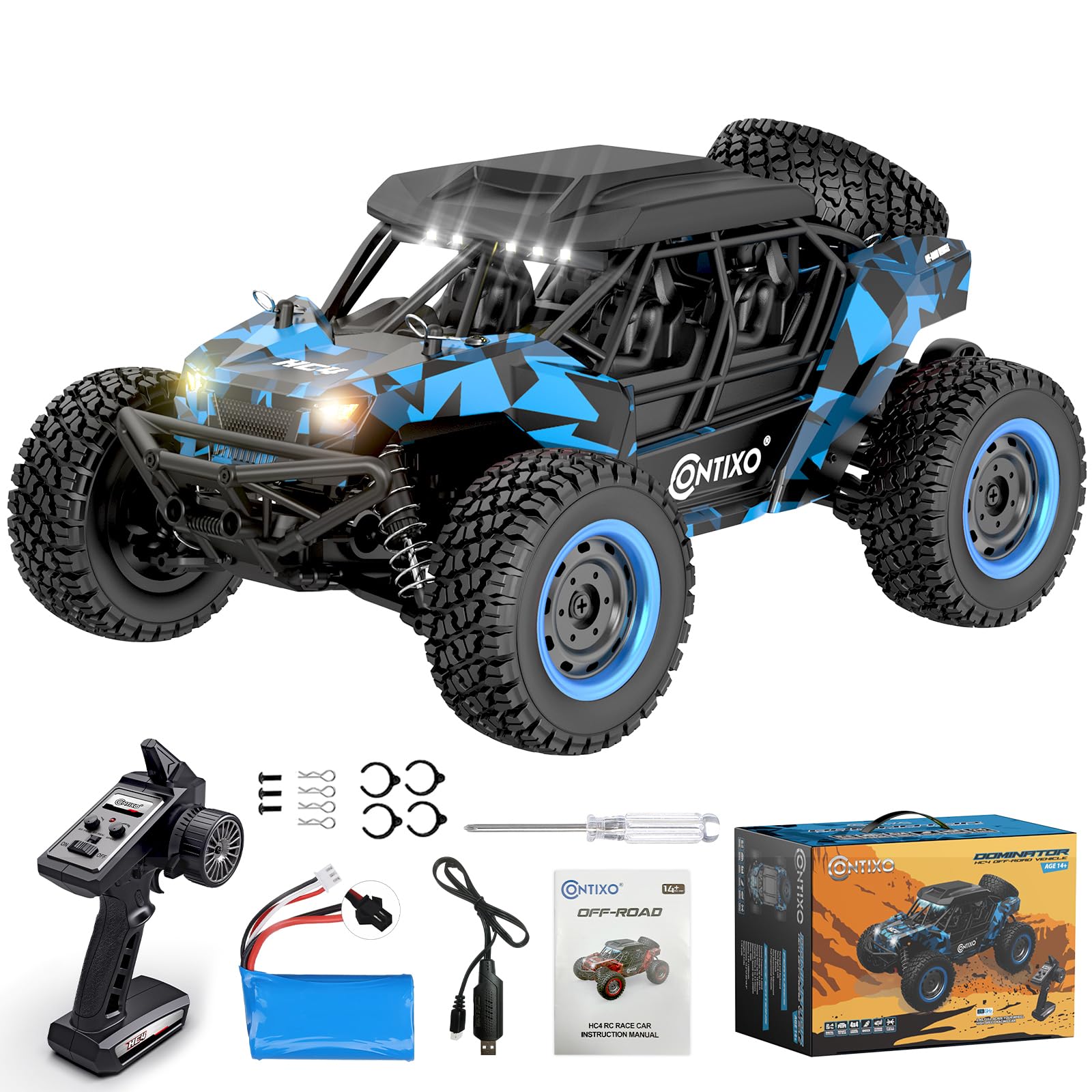 Contixo HC4 1:16 All Terrain RC Stunt Car, 25MPH 4WD Off-Road Remote Control Trucks with 2.4GHz Radio, LED Lights, Shock Absorption & Waterproof Design, High-Speed Electric Vehicle Toys for Kids-Blue