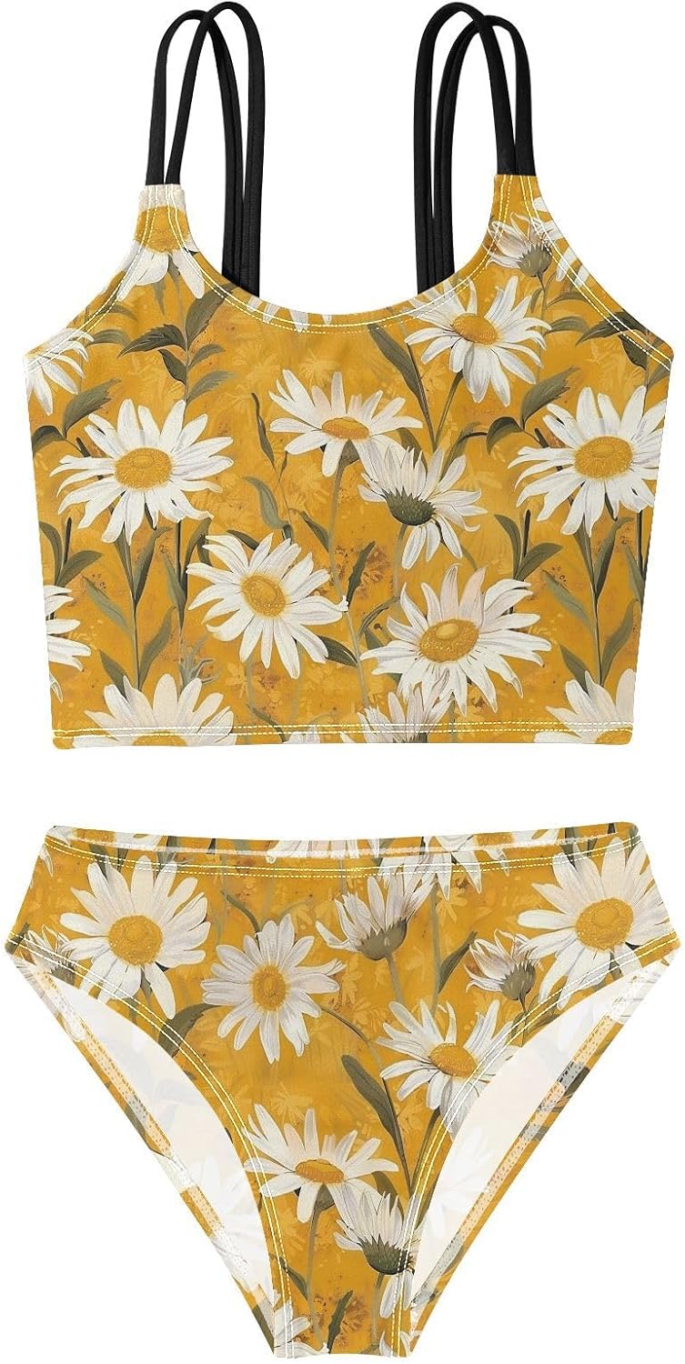 visesunny Girls Two Piece Swimsuits Vintage Chamomile Floral Girl's Bikini Sets Bathing Suits for Girls Size 5-12Y