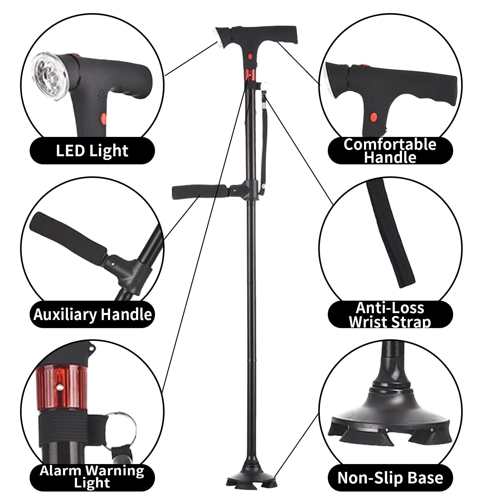 Canne de Marche Astuvita Canne de Marche Ergonomique avec LED et Alarme, Double Poignée & Base Autoportante, Aide à la Mobilité Senior, Pliable Réglable Légère