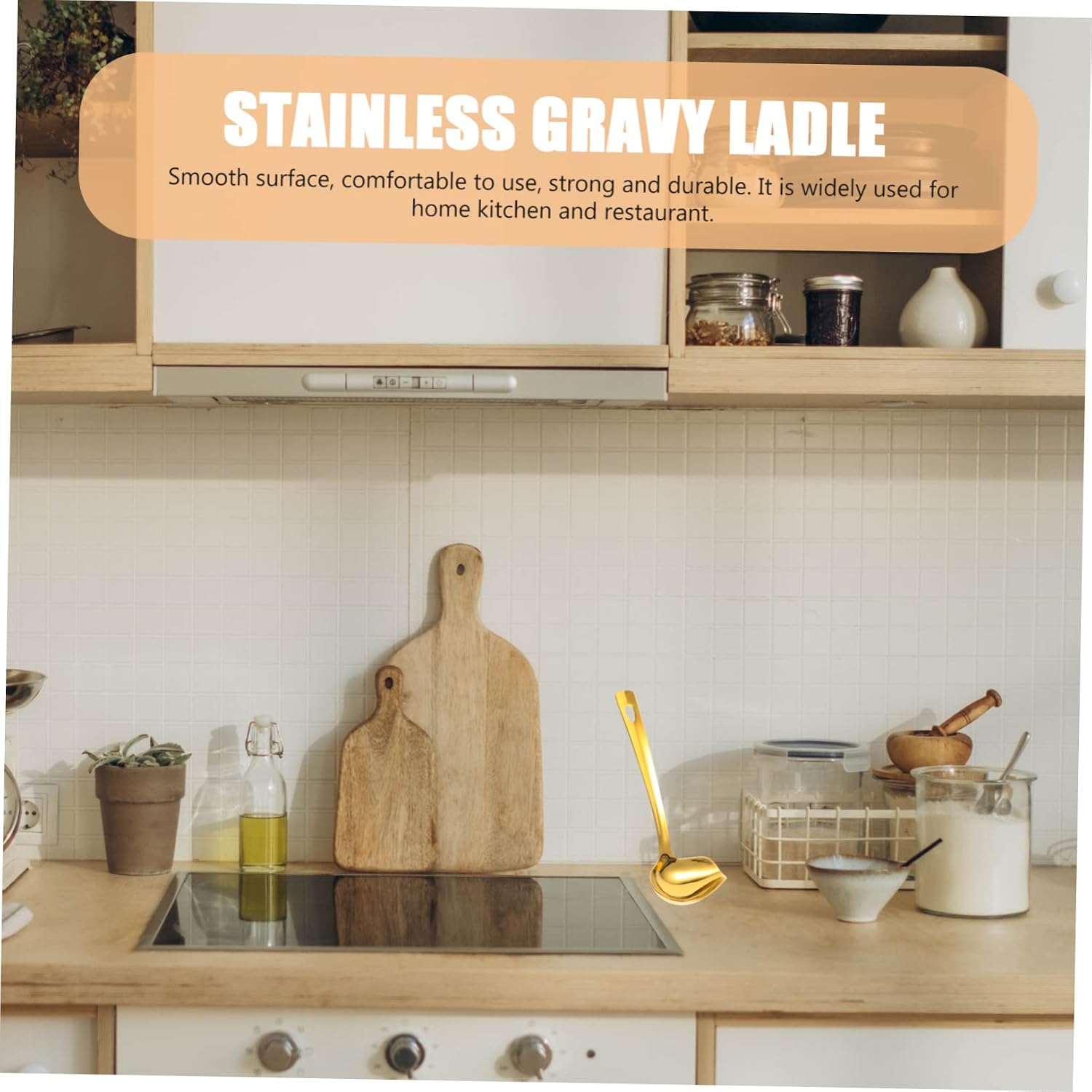 Stainless Steel Gravy Ladle with Long Handle and Pouring Spout | Golden Polished Finish, Drizzle Control, for Salad Dressing and Cooking Oil, Restaurant Use
