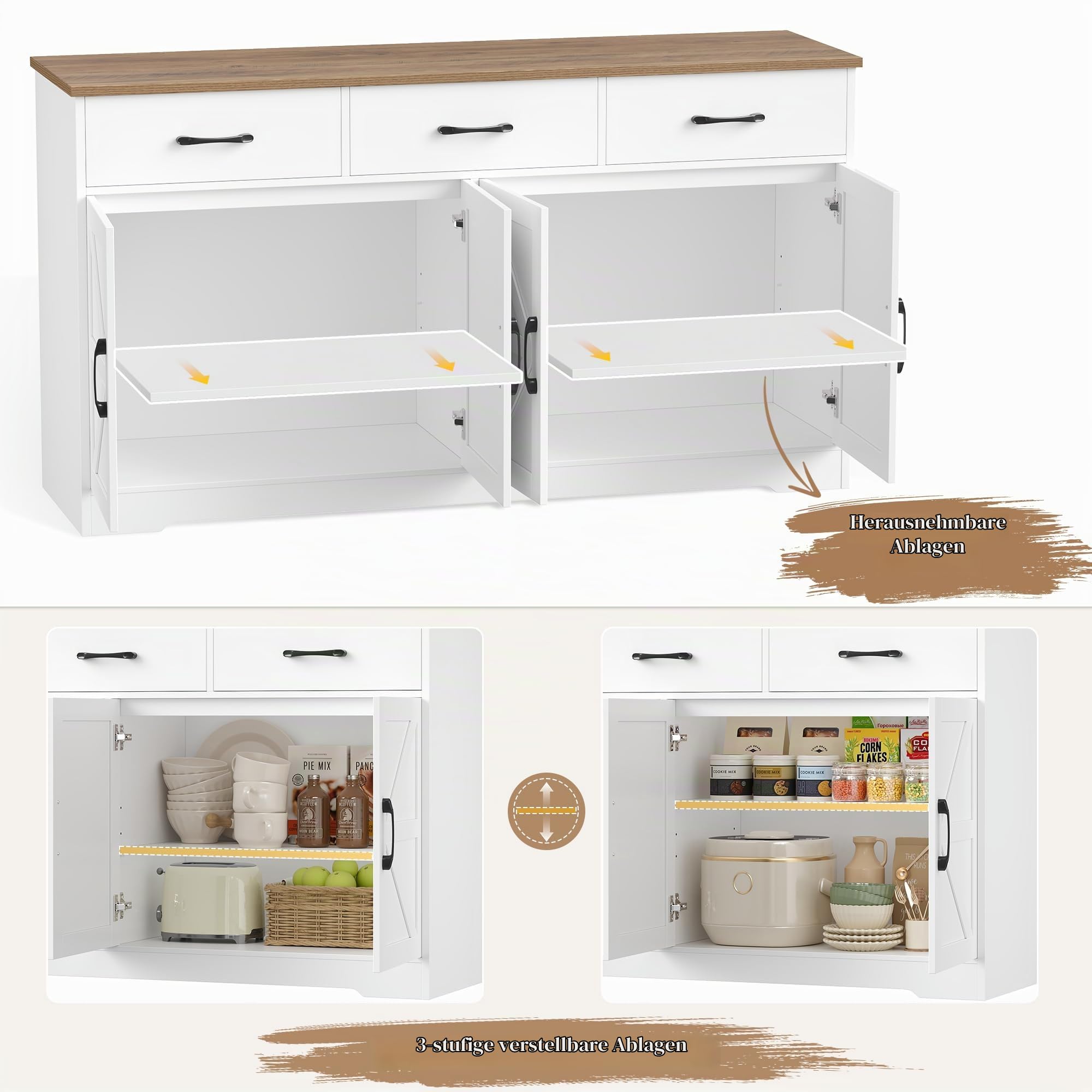 HOCSOK Sideboard, 150cm Breit Küchenschrank mit Arbeitsplatte, Weiß