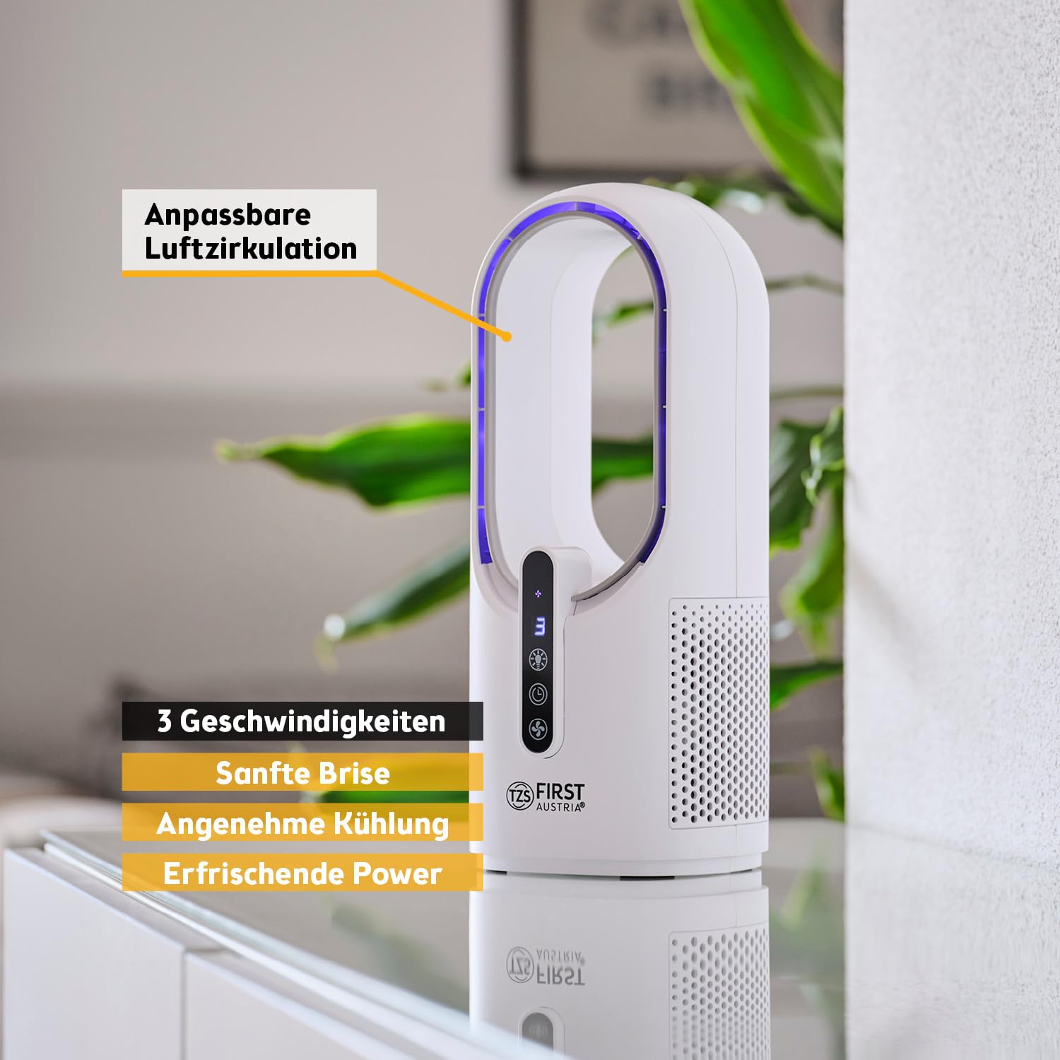 TZS First Austria - Akku Tischventilator - 5W - 3 Stufen & Timer - Leiser Turboloser Ventilator mit 7-Farben Nachtlicht & USB-C - Touch-Bedienung - Weiß
