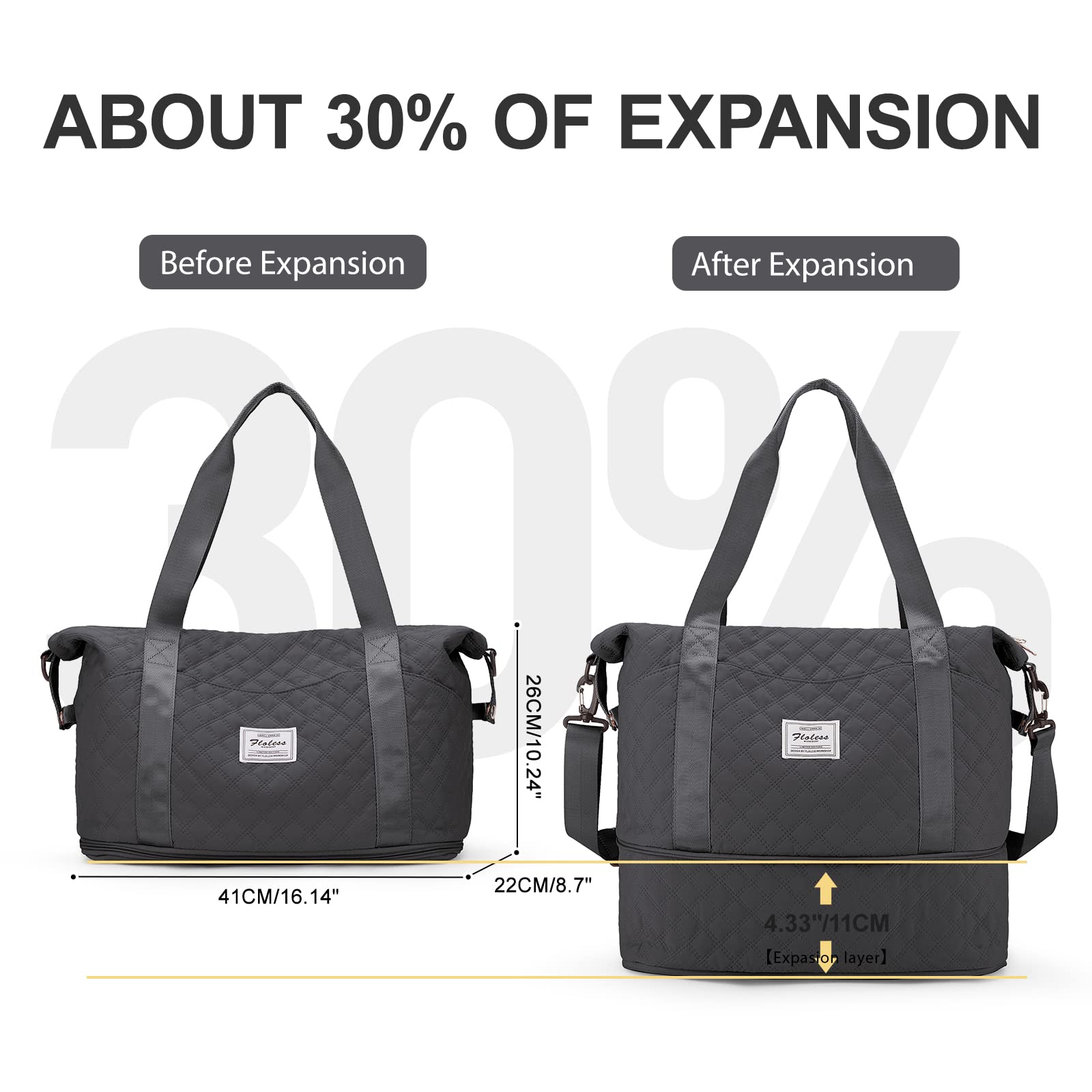 Reisetasche Damen Sporttasche 40x20x25 Ryanair Handgepäck Tasche Weekender Bag Schwimmtasche Wasserdicht Travel Bag Duffle Bag Fitnesstasche Trainingstasche Frauen für Reise Gym,B3-Schwarz grau - 3