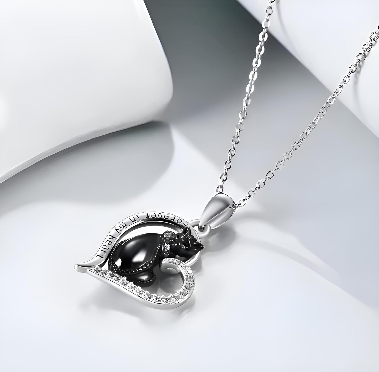 Stainless Steel Cat Moon Heart Star Flower Necklace with Crystal Pendant, 8 Designs - Cute Heart Necklace, With Black Cats, Charming in Rose Gold - Stylish Gift for Women & Party Accessory (Diamond Black Cat)