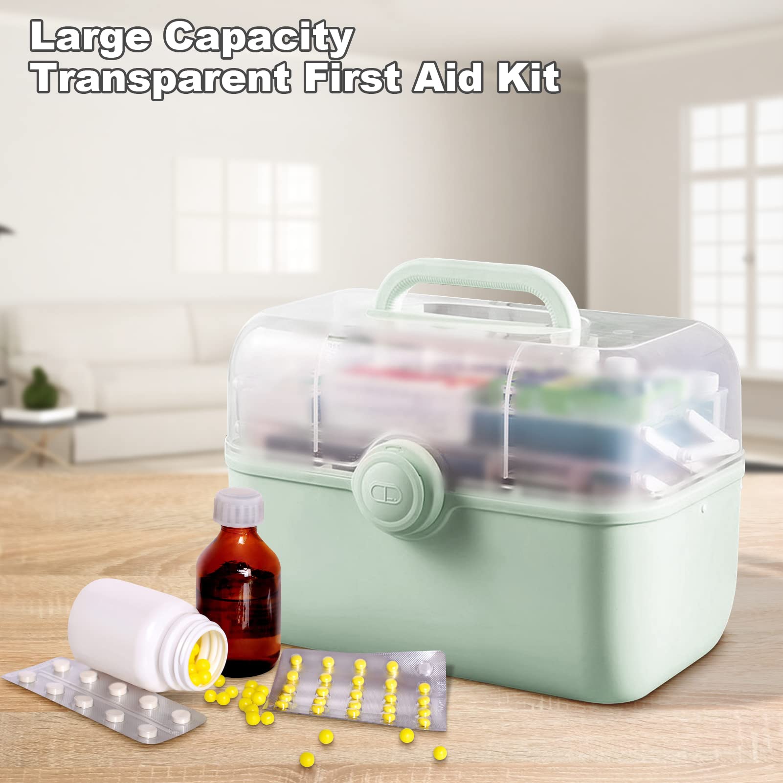 Caja de medicamentos Caja de primeros auxilios transparente, Organizador de envases de medicamentos de gran capacidad con estuche para kit organizador de píldoras Gabinete(L Verde),, L Verde, estilo