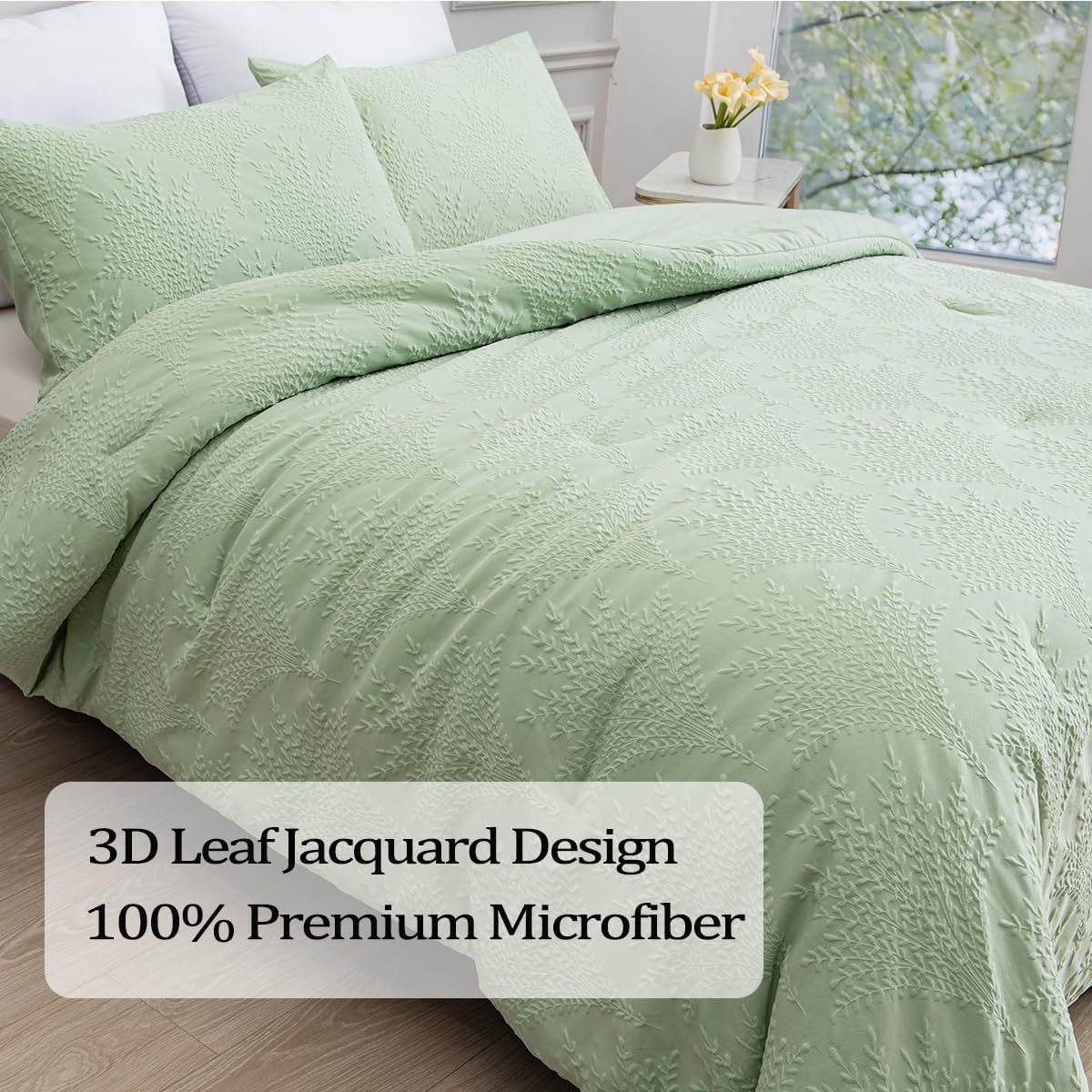 Sage Green Jacquard Comforter Set Queen Leaf Comforter Boho Bedding Set 3 PCS Soft All-Season Luxury Bedding(Sage Green,Queen) - Image 2