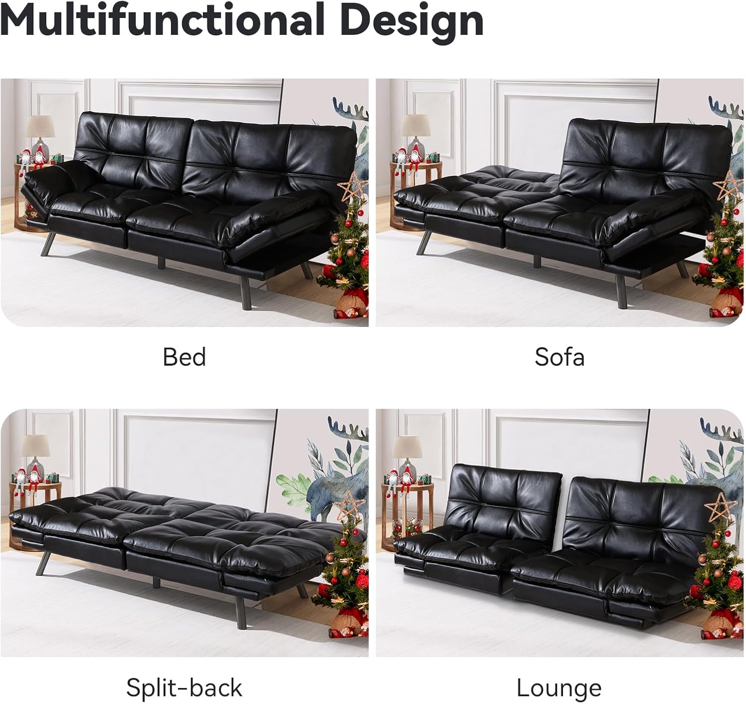 Hcore Multifunctional Futon Sofa Bed,Convertible Sleeper Futon Couch,Memory Foam Loveseat Sofa Bed,Small Splitback Faux Leather Modern Sofa for Living Room,Office,Apartment,Light Black