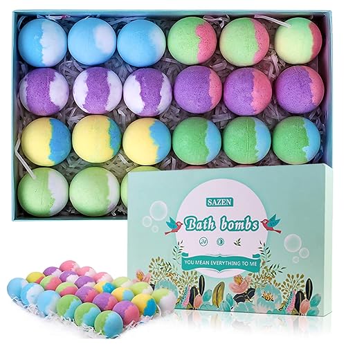 SAZEN 24 bombas de baño, bomba de baño con aceites esenciales naturales, manteca de coco de karité, baño de spa de burbujas, cumpleaños, día de la