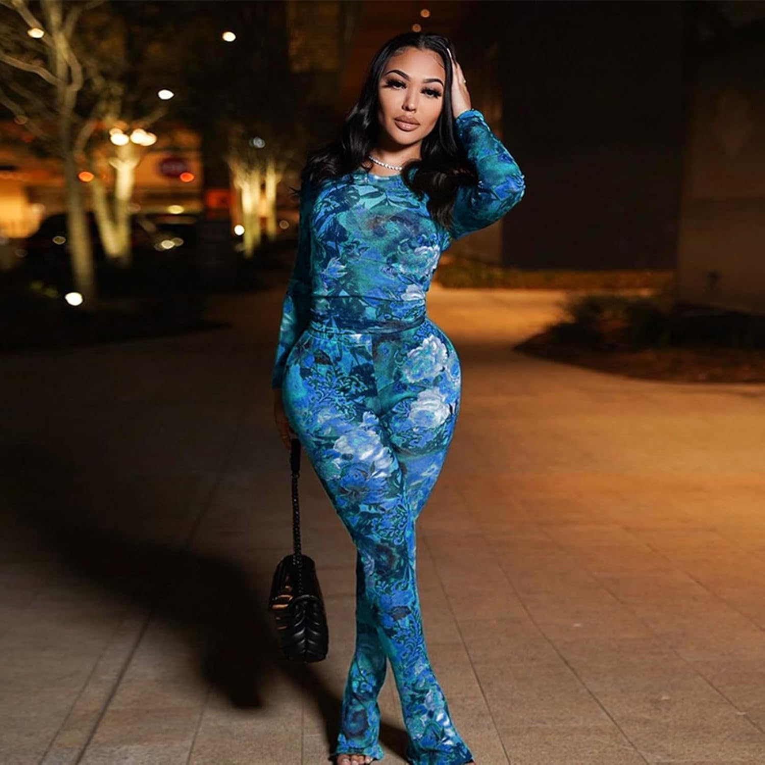 Sexy 2 Piece Set Jumpsuit for Women Floral Print See Through Mesh Long Sleeve Going Out Top and Flare Pants Sets - Image 2