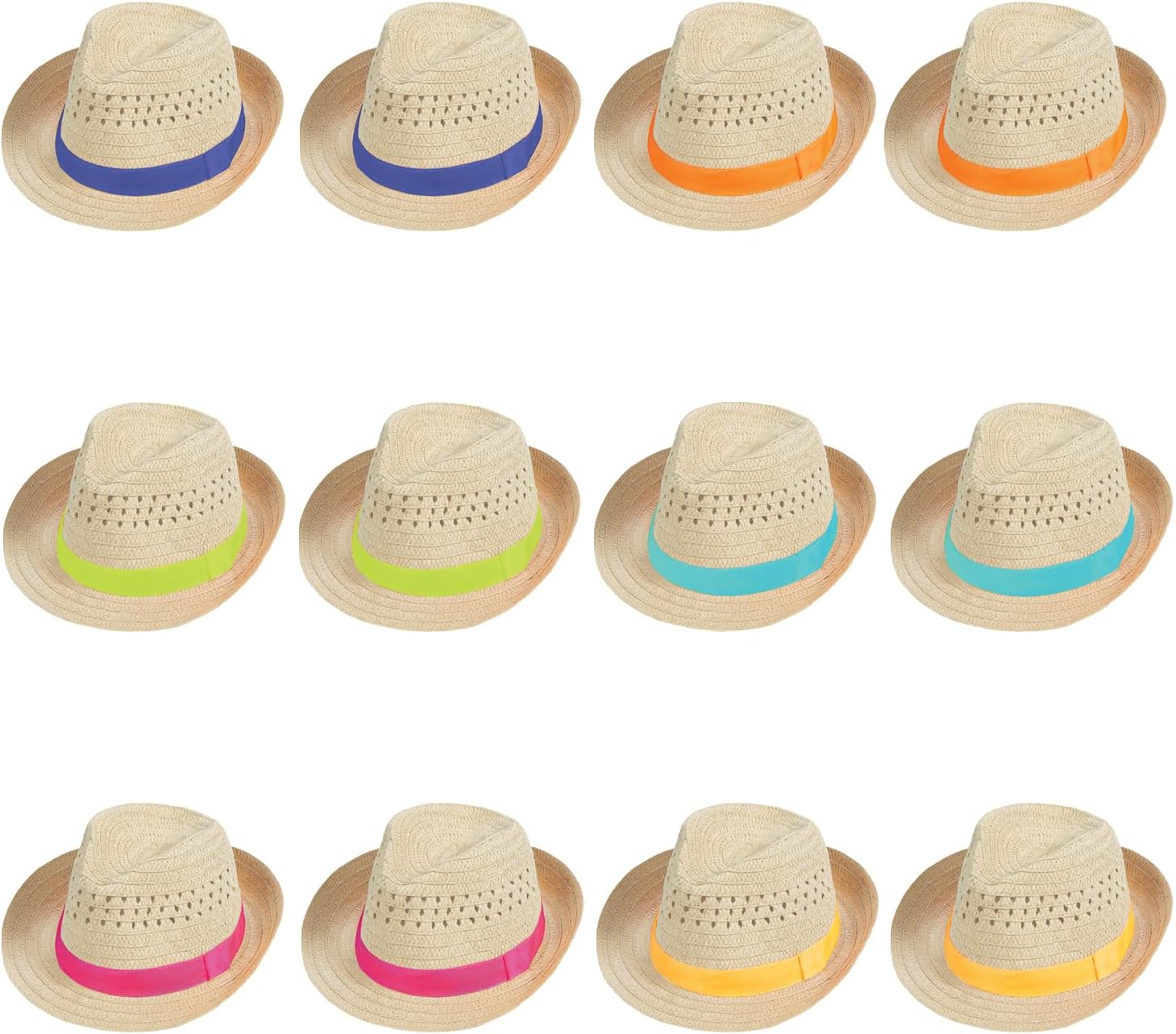Fun Express Bulk Fedora Hats 12 Pack - Colorful Straw Party Hats for Adults & Kids | Fiesta Party Decorations for Cinco De Mayo, Birthday Celebrations & Mexican Theme Events | Assorted Rainbow Colors