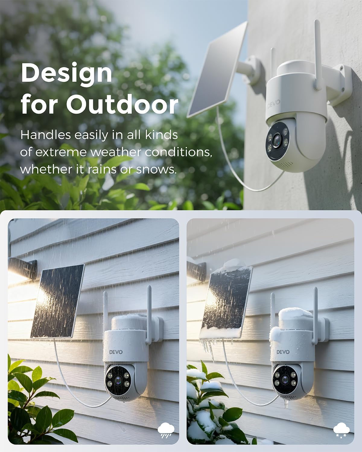Devo Solar Security Camera Wireless Outdoor, 2.3K HD 360° PTZ Color Night Vision, AI/PIR Human Detection, 2-Way Audio, Solar & Battery Powered, WiFi 6, IP66 Waterproof, Triple Alert System