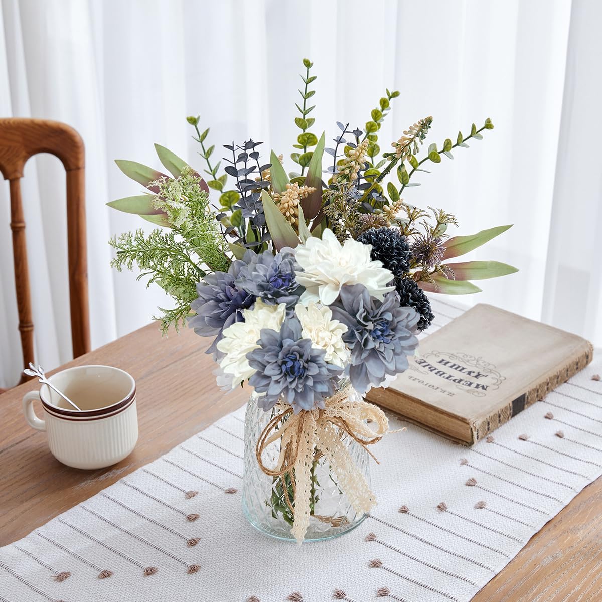 Wracra Artificial Flowers in Vase, Silk Fake Flowers in Vase, Faux Flowers Table Centerpieces for Dining Room, Bathroom Farmhouse Kitchen Coffee Table Decor (White Blue Dahlia) - Image 6