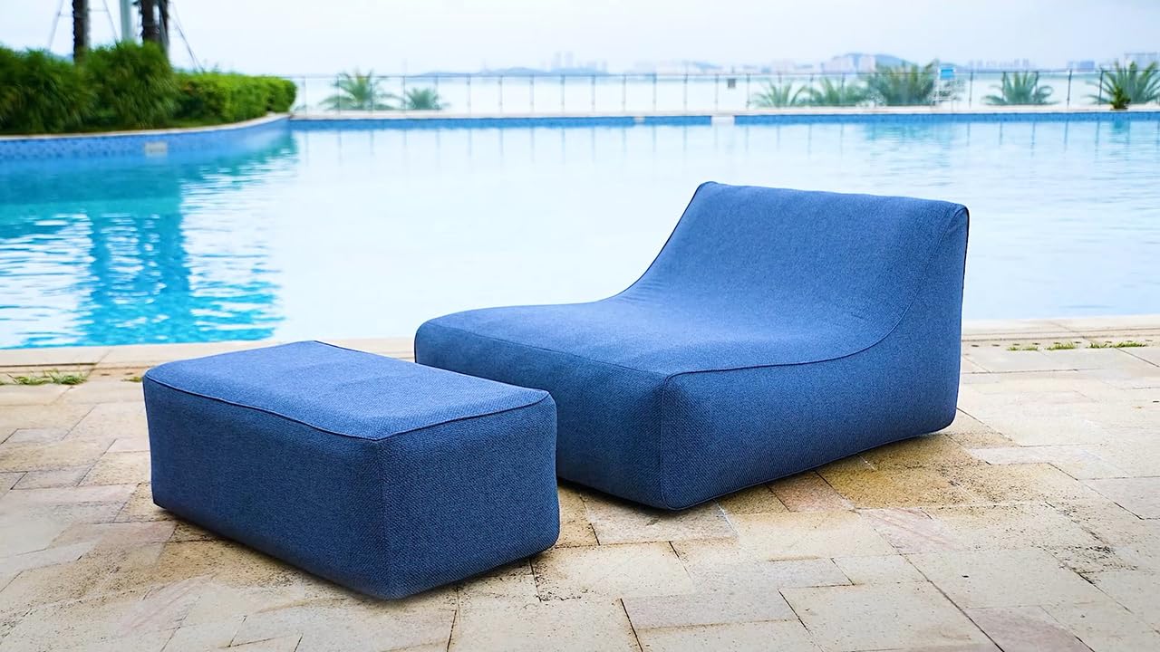 Premium PRO Design Aufblasbarer Camping Sessel mit Textil-Bezug - Ergonomischer Outdoor Lounge Chair - Doppelwandig & Robust - Strand & Festival Luftsofa (Meridian Chair mit Lounge Sitz, Blau)