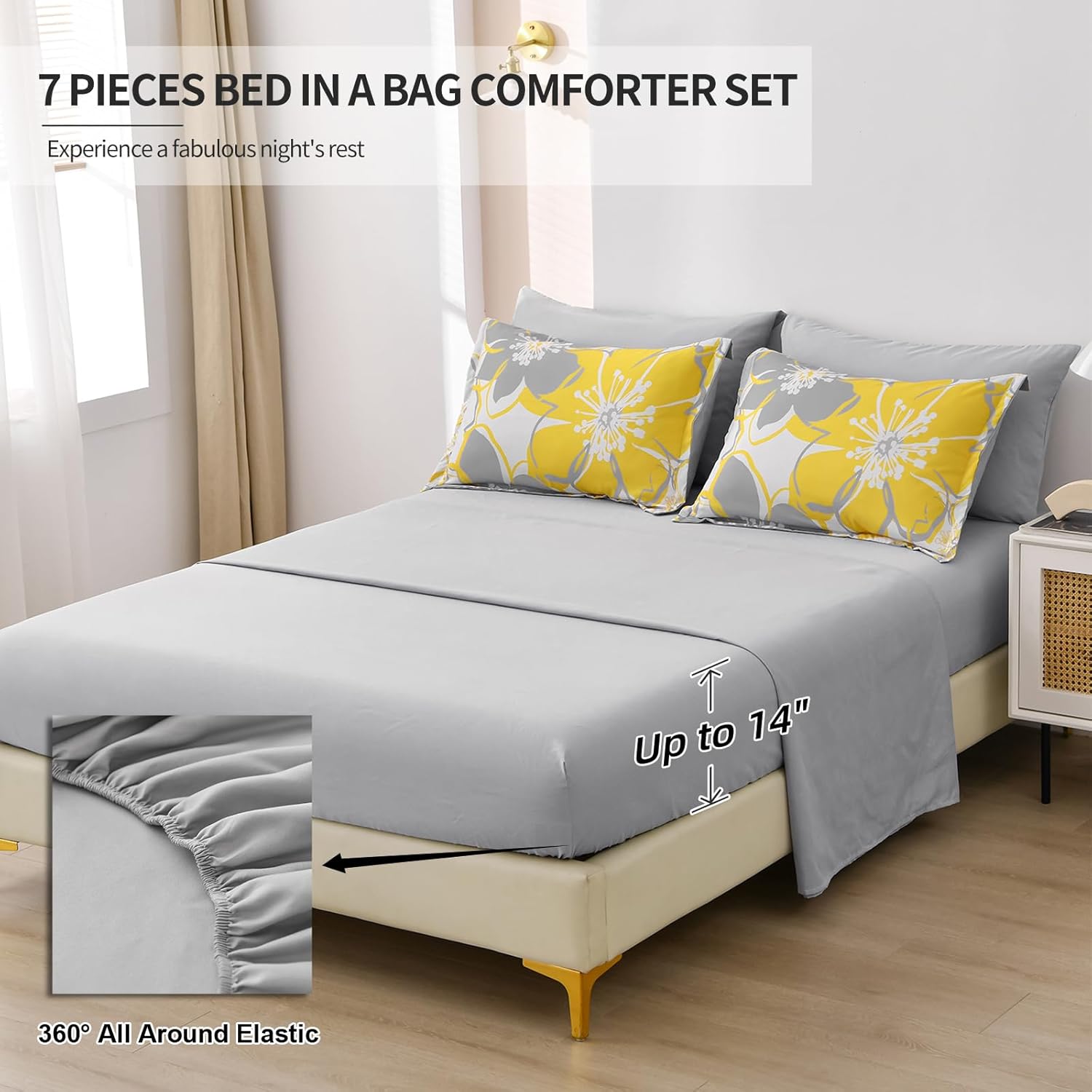 Anibedding 7 Pieces Yellow Floral Comforter Set Queen Size, Reversible Bed in a Bag with Sheets Set All Season, Soft Microfiber Flower Pattern Complete Duvet Bedding Set (Queen, 90"x90")