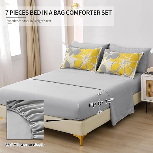 Miniatura 5 de Juego de edredón floral amarillo tamaño King de 7 piezas, cama reversible en una bolsa con sábanas para todas las estaciones, juego completo de ropa