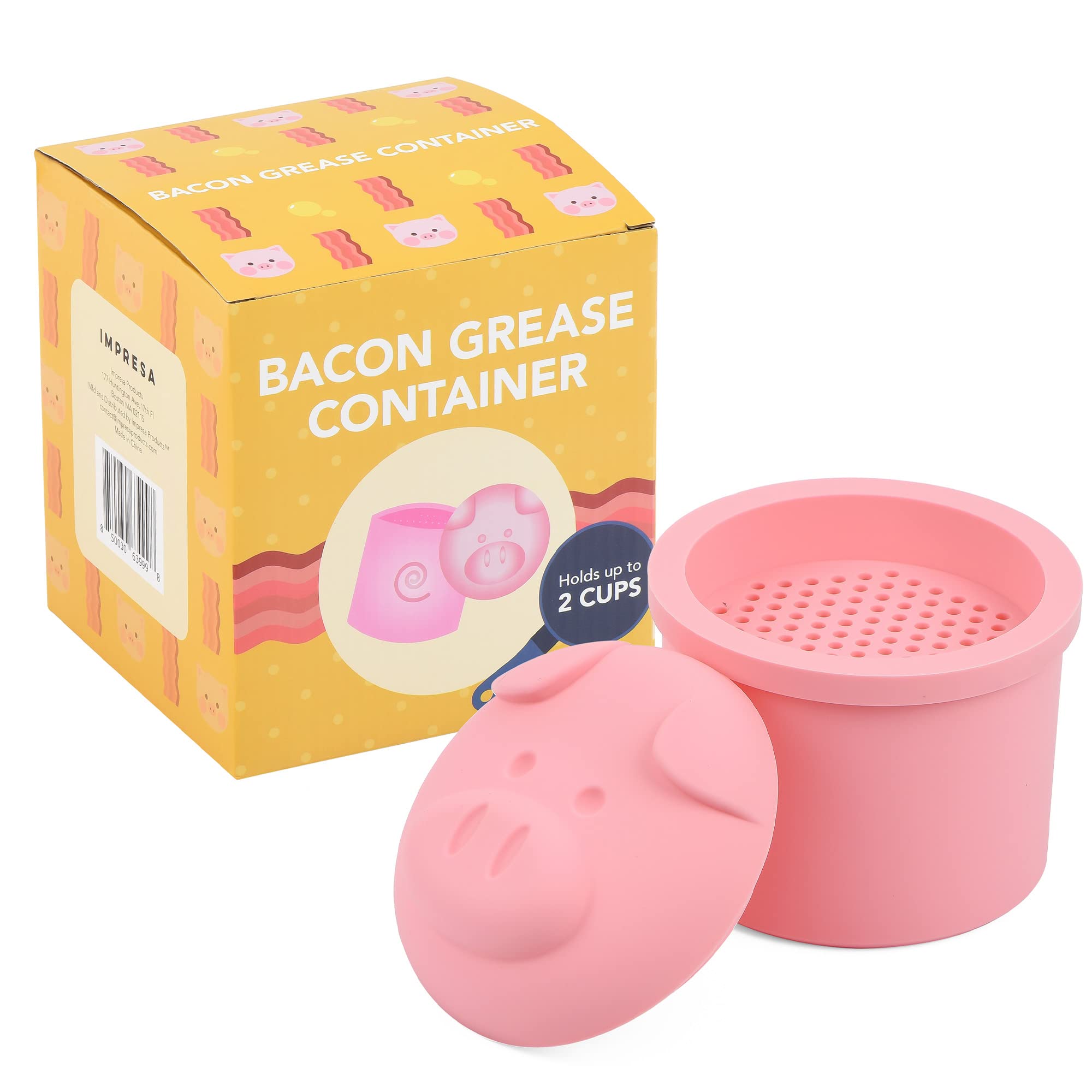 IMPRESA 2 Cup Extra Large Pink Pig-Shaped Grease Container with Novelty Bacon Strainer – Silicone Jar for Dripping Disposal & Kitchen Storage Giftable - Bacon Grease Saver with Strainer