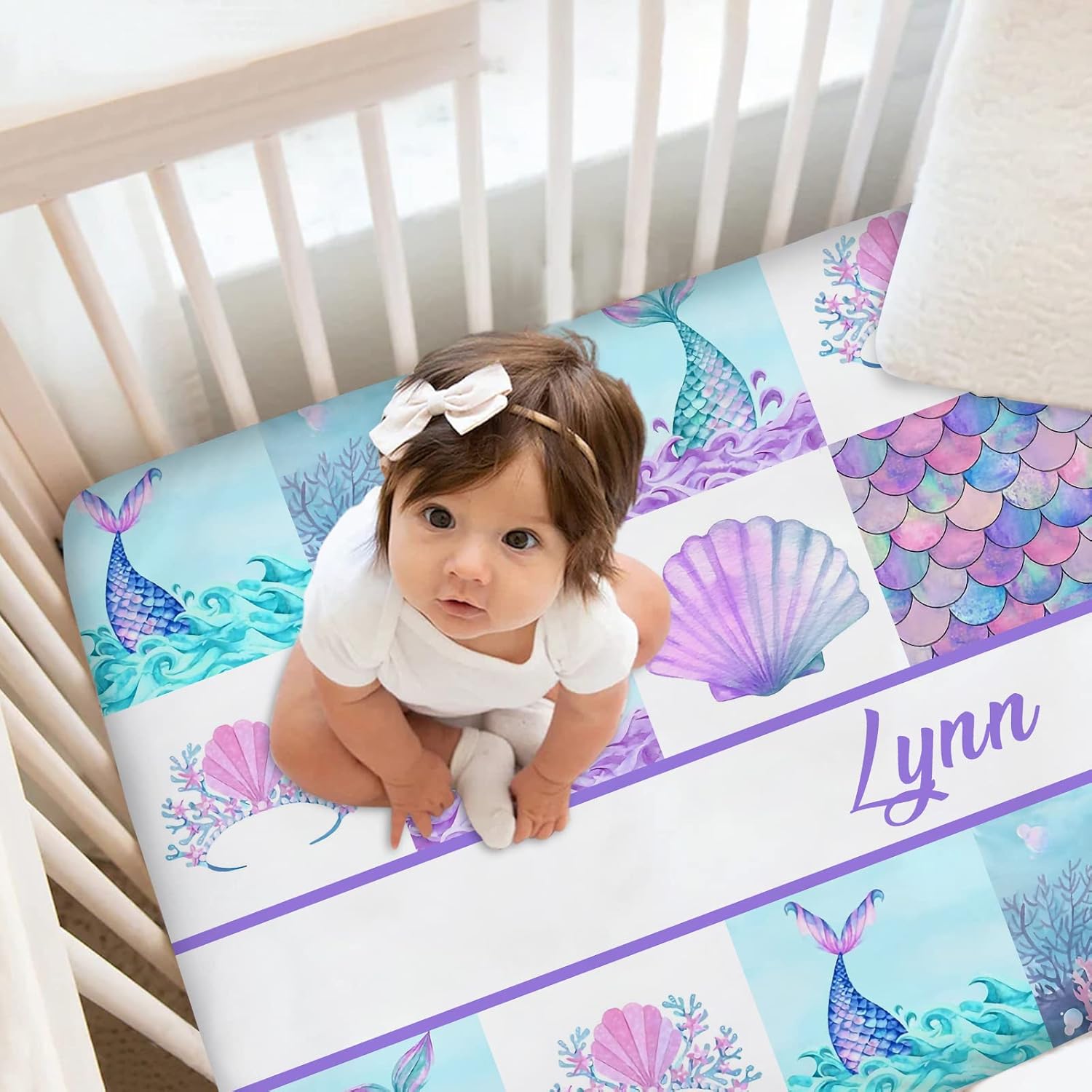 Personalized Baby Bedding Sets for Girls - Custom Crib Bedding with Name, Nursery Bedding, 2 Piece Set, Name Comforter, Fitted Sheets (Mermaid)