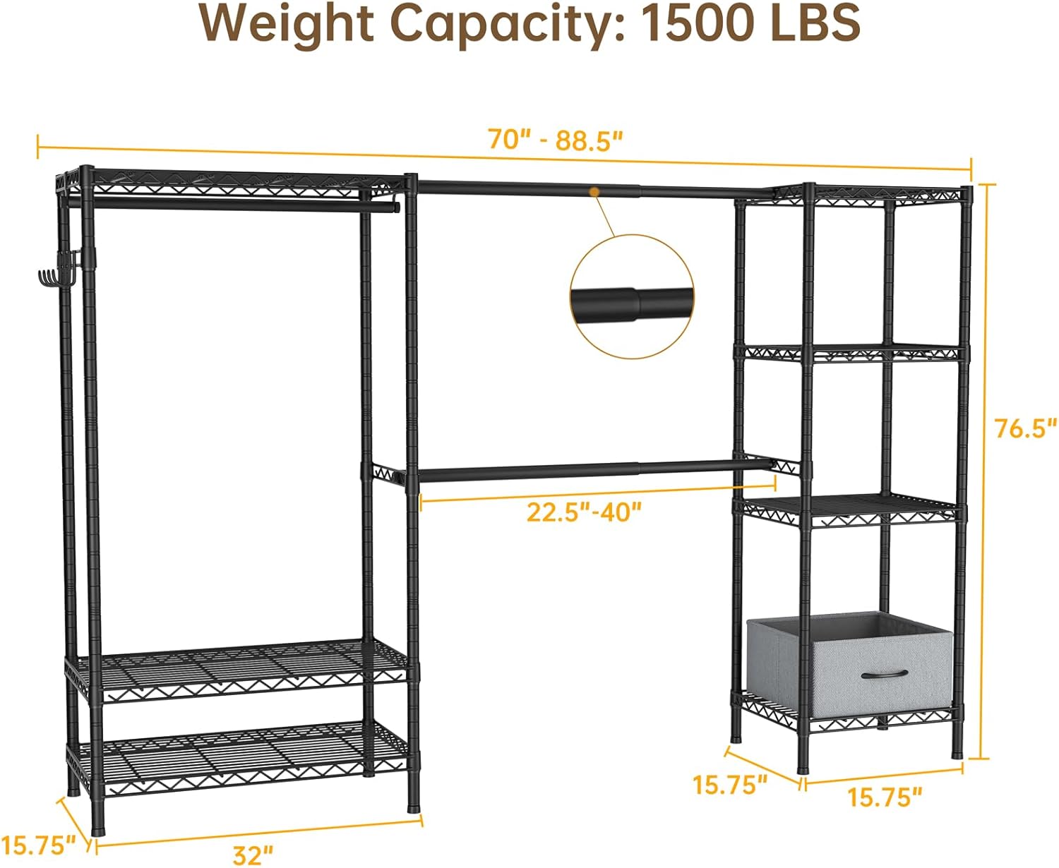Coat Rack Clothes Wardrobe：Closet Organizer and Storage Clothing Garment Rack with Shelves Heavy Duty for Hanging Clothes Portable Adjustable Black 15.8" Dx(70-88.5)" Wx76.5 H