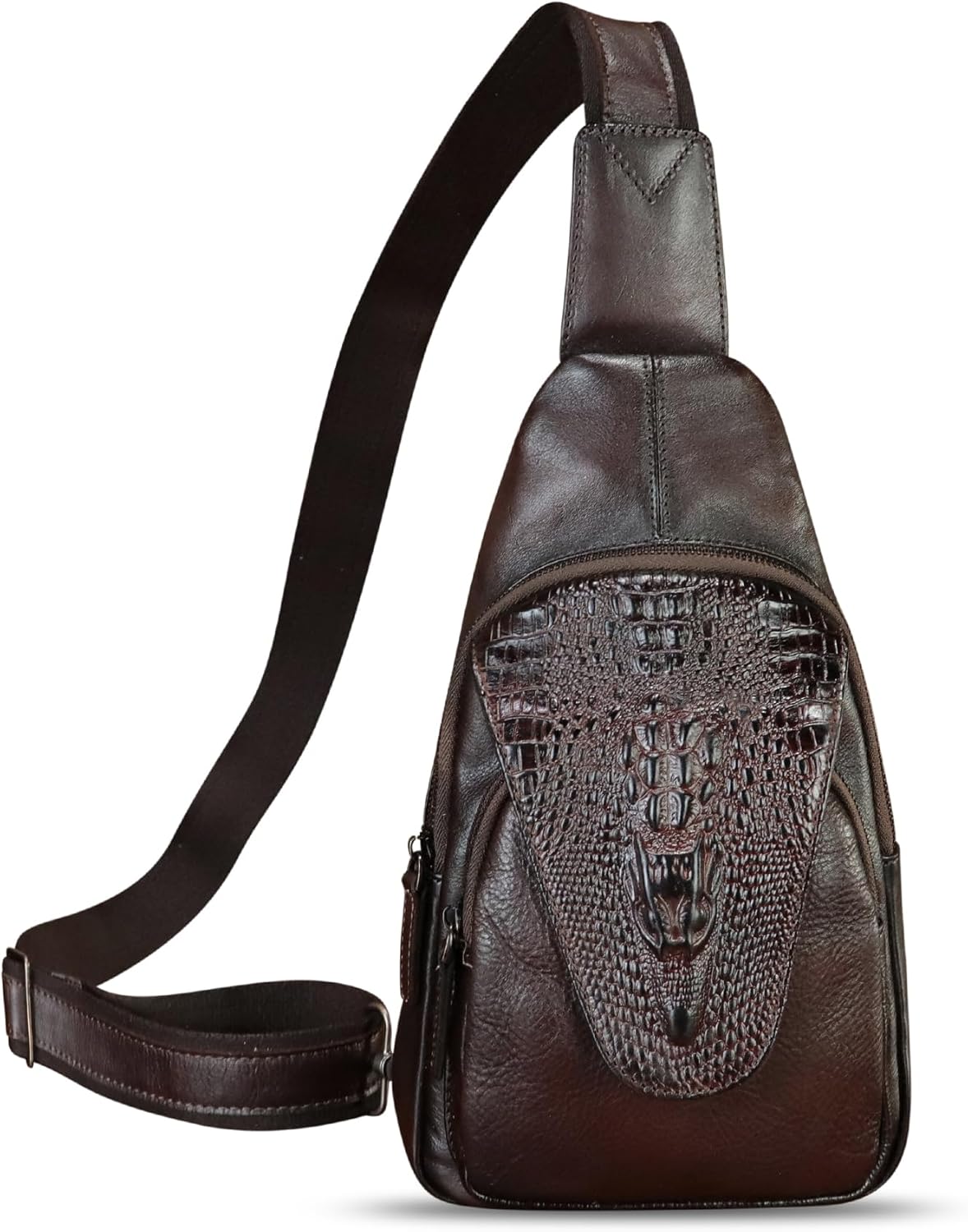Genuine Leather Sling Bag Embossed Crocodile Pattern Leather Crossbody Sling Backpack Handmade Chest Purse Daypack (Coffee) - Image 6