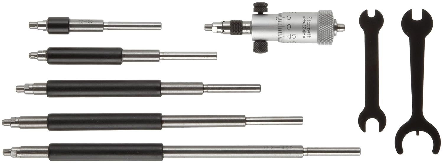 Starrett 124MA Solid-Rod Vernier Inside Micrometers Set, 50-200mm Range, 0.01mm Graduation, +/-0.003" Accuracy, Without Case