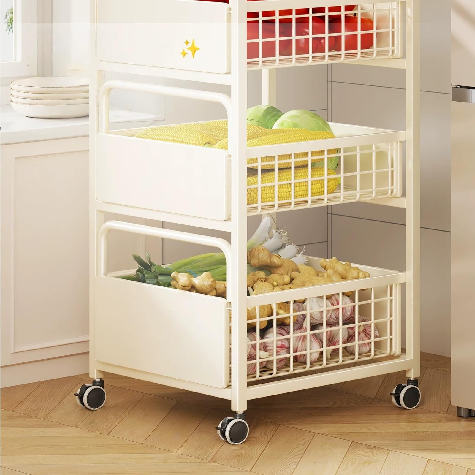 Magazzinaggio Carrello for verdure con rotelle a 3 livelli, organizer mobile for ripiani for frutta e verdura da cucina(Nero,Piccolo)