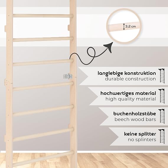 Wall Bars with Pull-Up Bar for Adults (230 cm) Wooden Climbing Wall Multifunctional Fitness Equipment Climbing Ladder for Adults and Children 100% ECO Made in EU