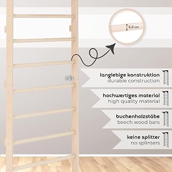 Wall Bars with Pull-Up Bar for Adults (230 cm) Wooden Climbing Wall Multifunctional Fitness Equipment Climbing Ladder for Adults and Children 100% ECO Made in EU