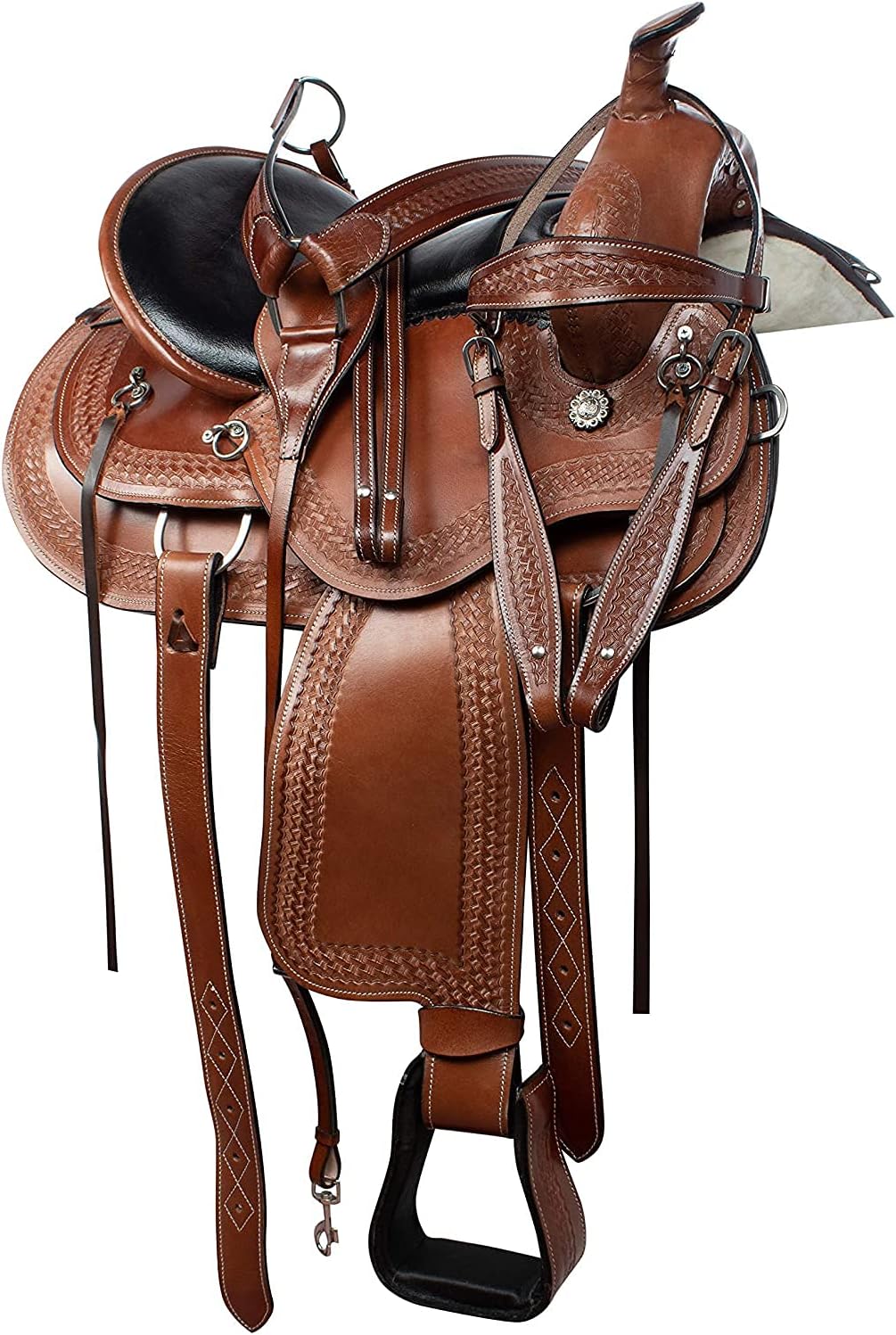 BNB International Leather Western Endurance Trail Horse Saddle Handmade Comfort with Horn Equestrian Horseback Riding Tack, Matching Headstall,Breast Collar,Reins Size:14"-18" inches Seat, M14