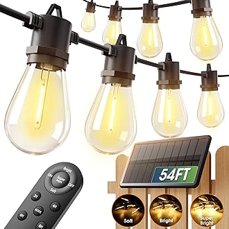 addlon 54FT(48+6) Solar String Lights Outdoor Waterproof with USB Charging & Remote Control - Dimmable Solar Power Patio Lights with LED Bulbs for Porch, Garden, Yard, Market, Bistro - Last for 20+Hrs