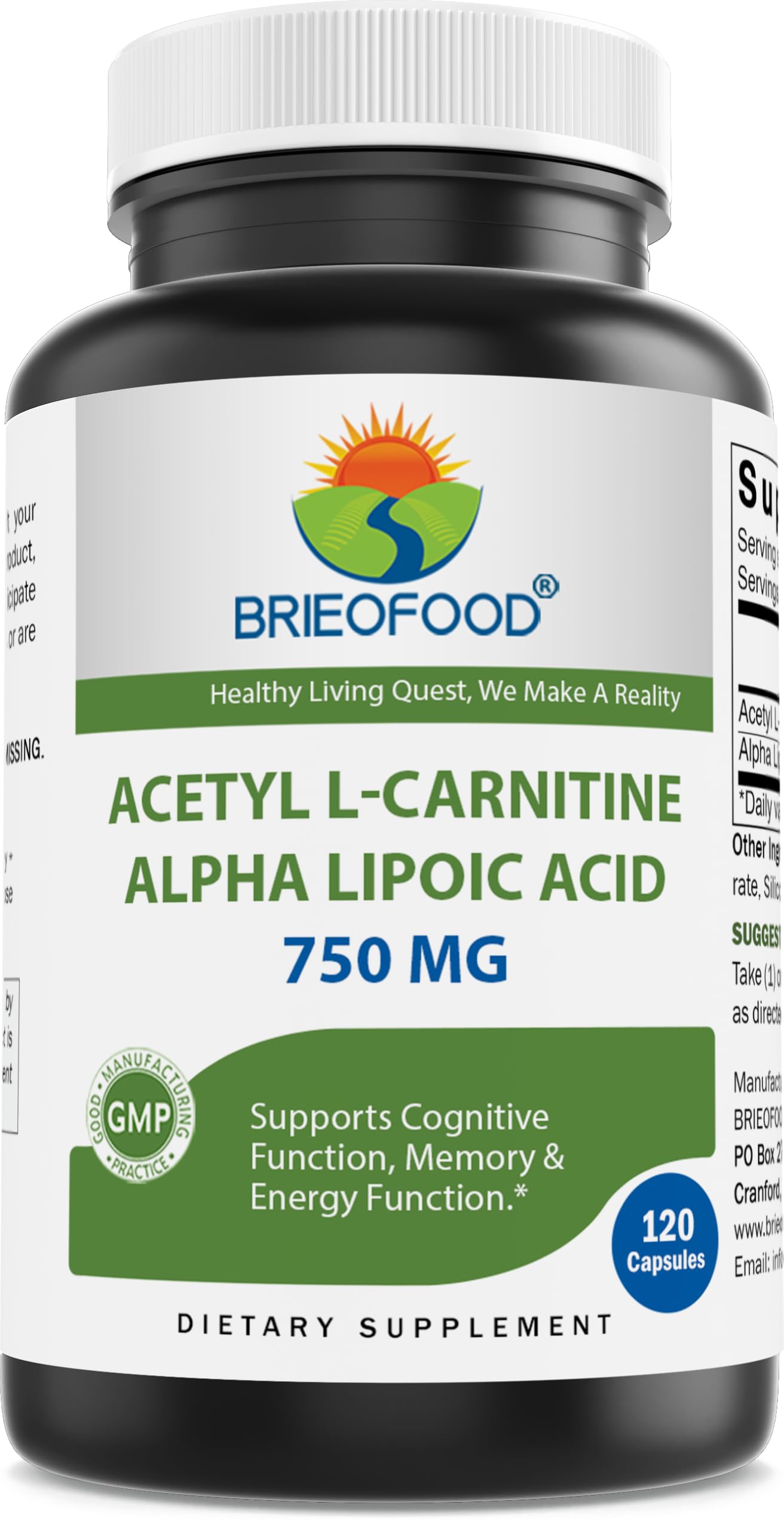 Brieofood Acetyl L-Carnitine Alpha Lipoic Acid (ALA ALC) 750 mg 120 Capsules 120 Count (Pack of 1)