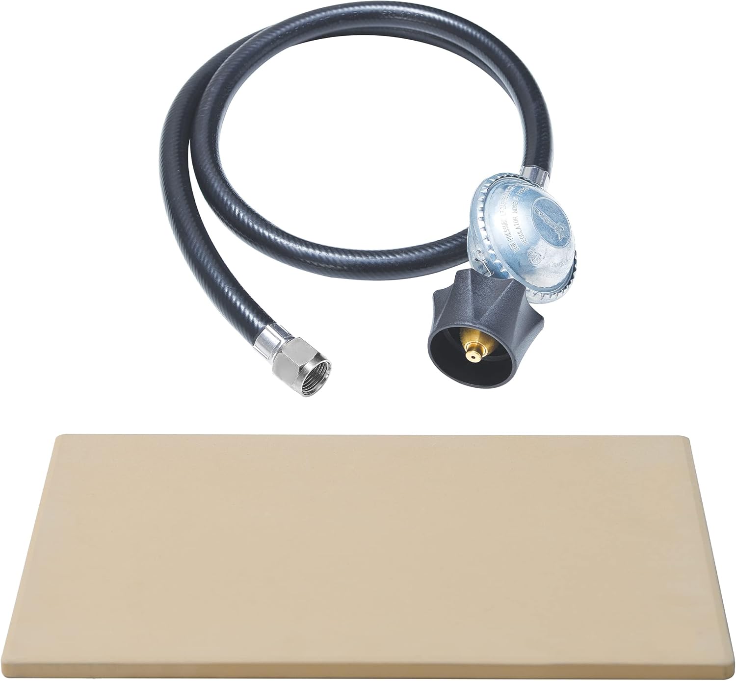 The gas hose and regulator for the MasterPRO Outdoor Pizza Oven, ready for connection to a propane tank.