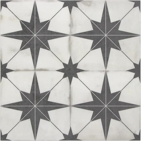 Peel & Stick SPC Vinyl Flooring - Black Star Encaustic Pattern, 9x9In, 16 Tiles, 9.12 Sq Ft, Self-Adhesive, Suitable for Bathroom & Kitchen Walls & Floors