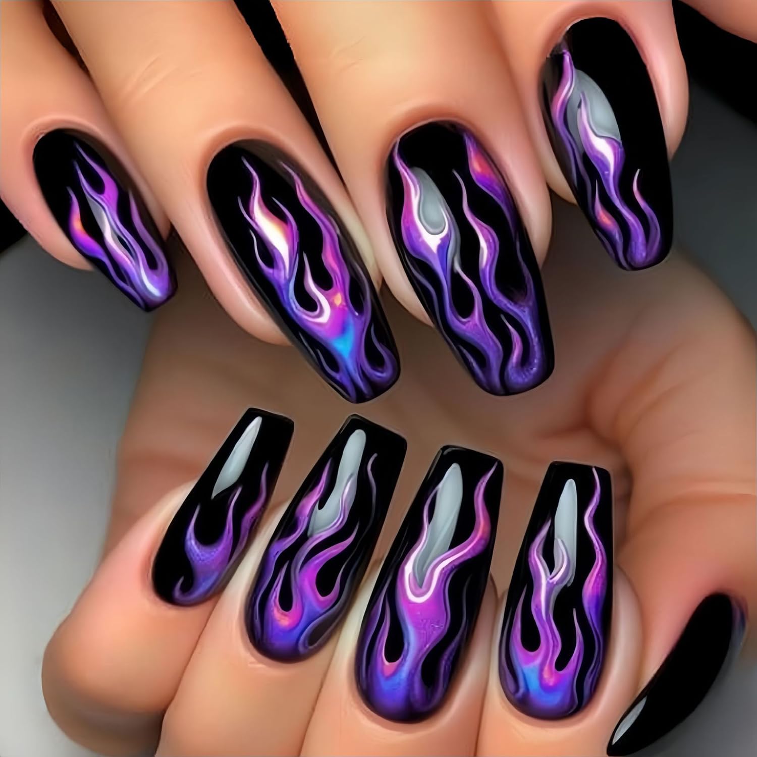 Purple Flame Press on Nails - Medium Ballet Shaped Glossy Black