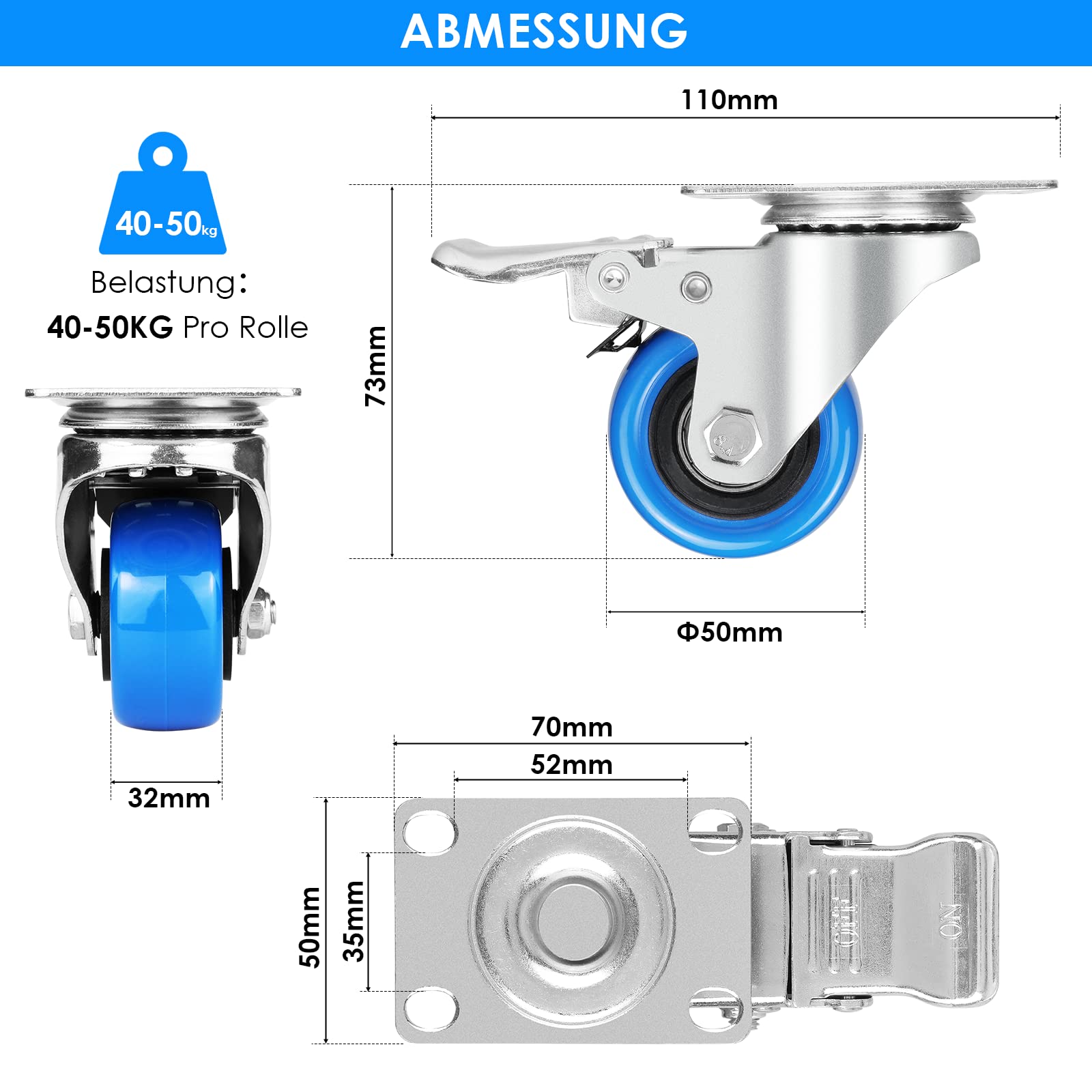 Set 4 Rotelle Per Mobili Con Freni - Diametro 50mm, Portata 200kg, Gomma Antigraffio - Foto 10