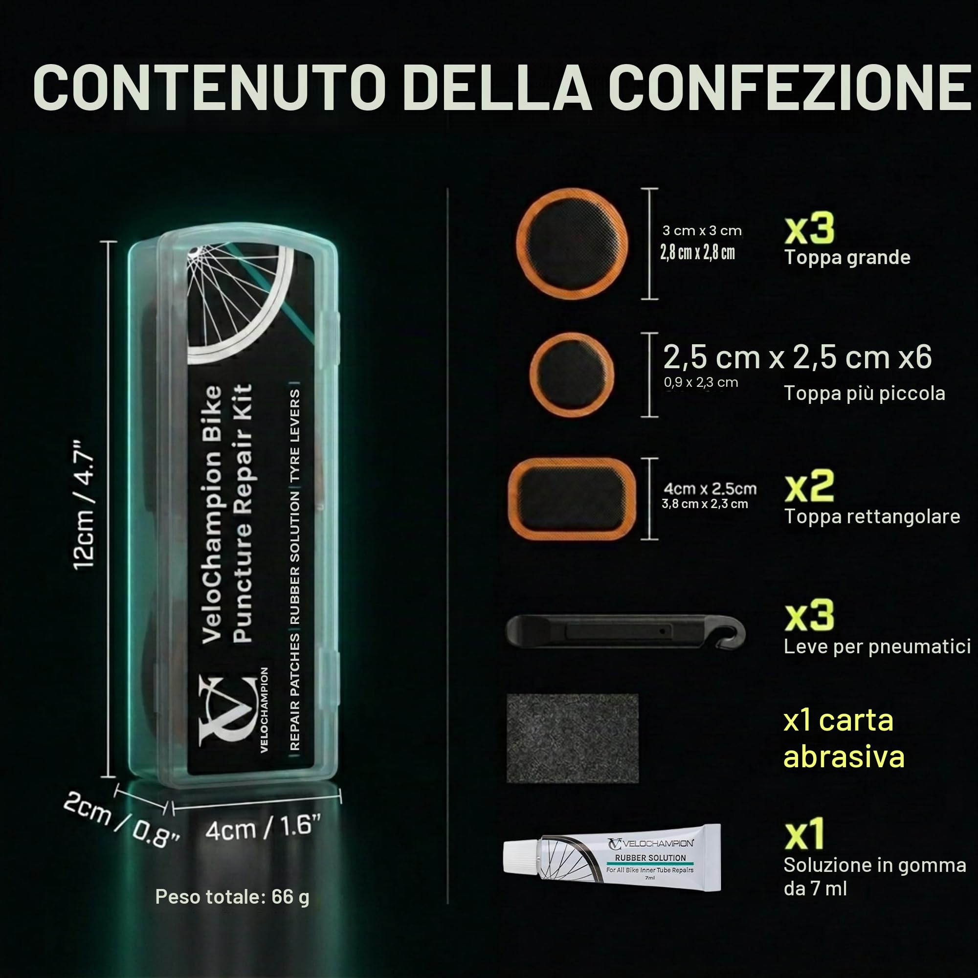 VeloChampion Kit di Riparazione Forature per Bici con Soluzione Vulcanizzante e Custodia Portatile. Per Bici da Strada, MTB e City Bike. Include 11 Toppe di Riparazione e 3 Leve Smontacopertoni.