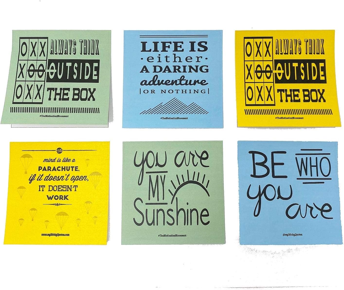 Sticky Notes Inspirational Quotes – Perfect for Lunch Box Notes, Mommy & Teacher Approved – 3 Pads 50 Sheets/Pad 50 Unique Quotes & Designs - Blue Yellow & Green