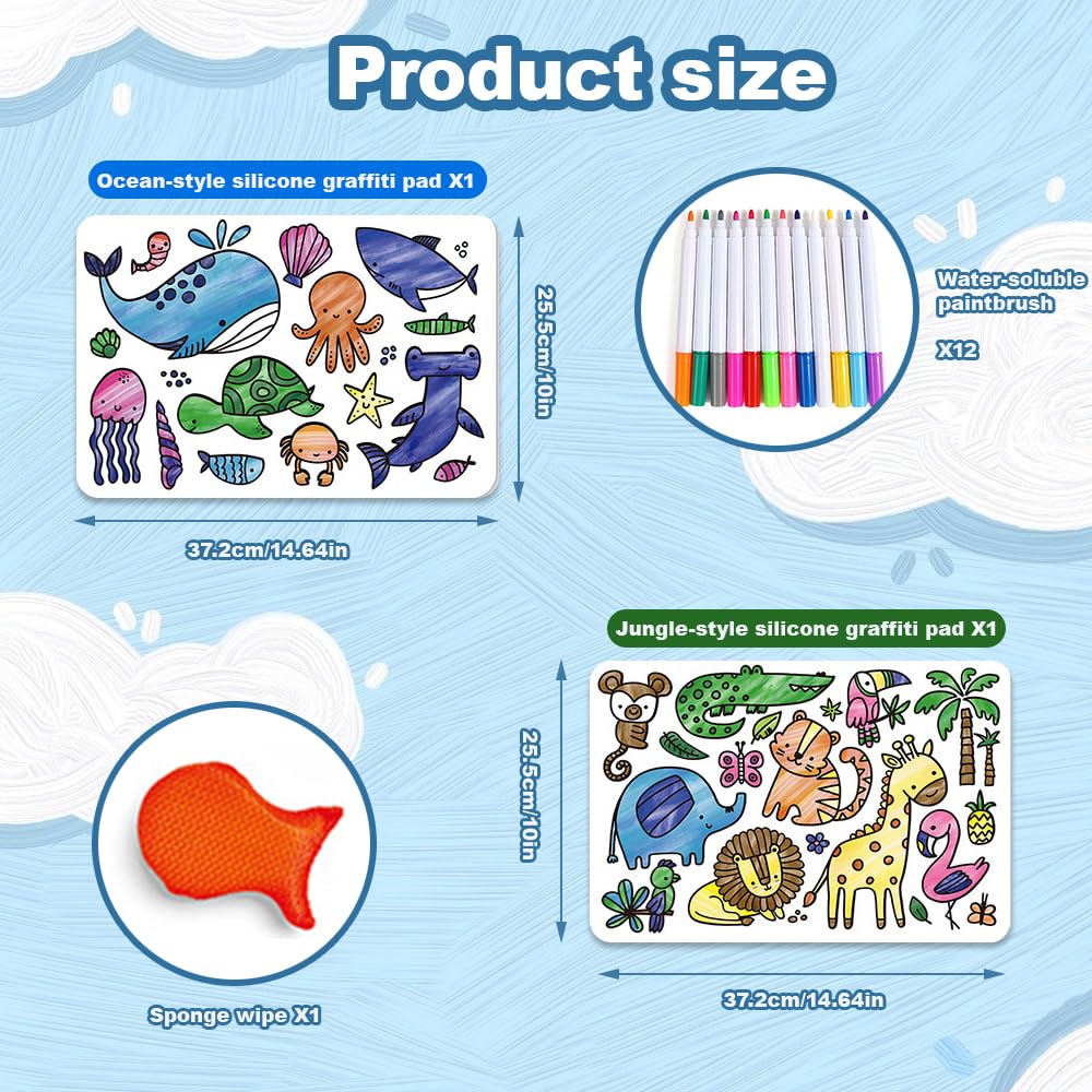 Lot de 2 sets de table à colorier en silicone pour enfants avec 12 marqueurs, 37 x 25 cm, lavables et réutilisables pour loisirs créatifs