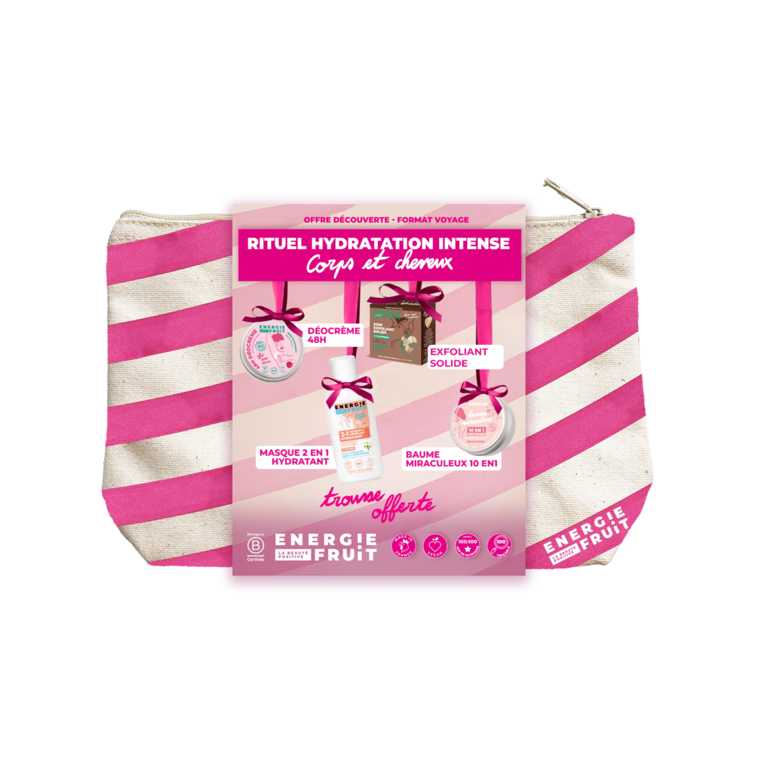 ENERGIE FRUIT | Coffret Rituel Hydratation, 4 Soins Corps et Cheveux Formats Minis, Déodorant crème Framboise, Masque Monoï, Baume Multiusage Fleur de Cerisier, Exfoliant Solide Corps