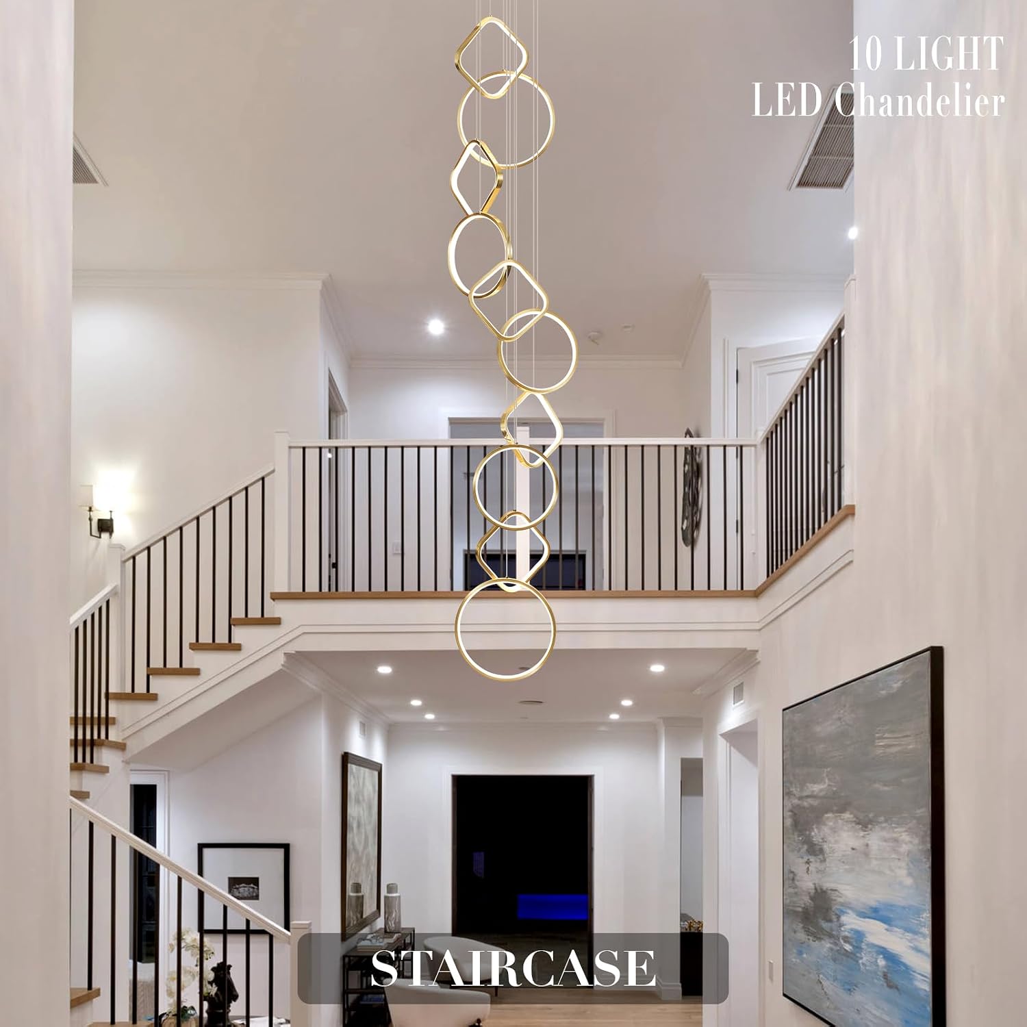 Gold High Ceiling Chandelier 10 Rings Modern LED Chandeliers Long Chandelier for Entryway Dimmable Staircase Flush Mount Chandeliers for Living Room, 3000-6500K
