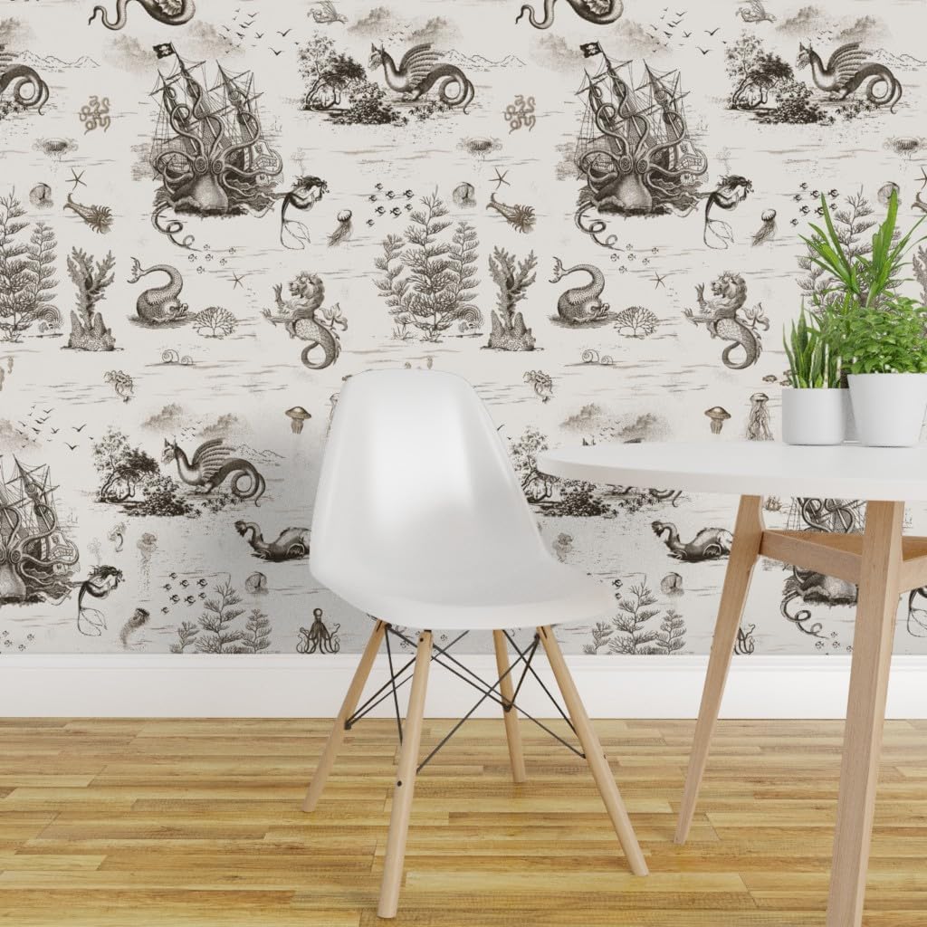 Spoonflower Removable Wallpaper 3ft x 2ft - Vintage Dragon Ocean Octopus Sepia Toile Mermaid Steampunk Custom Pre-Pasted Wallpaper