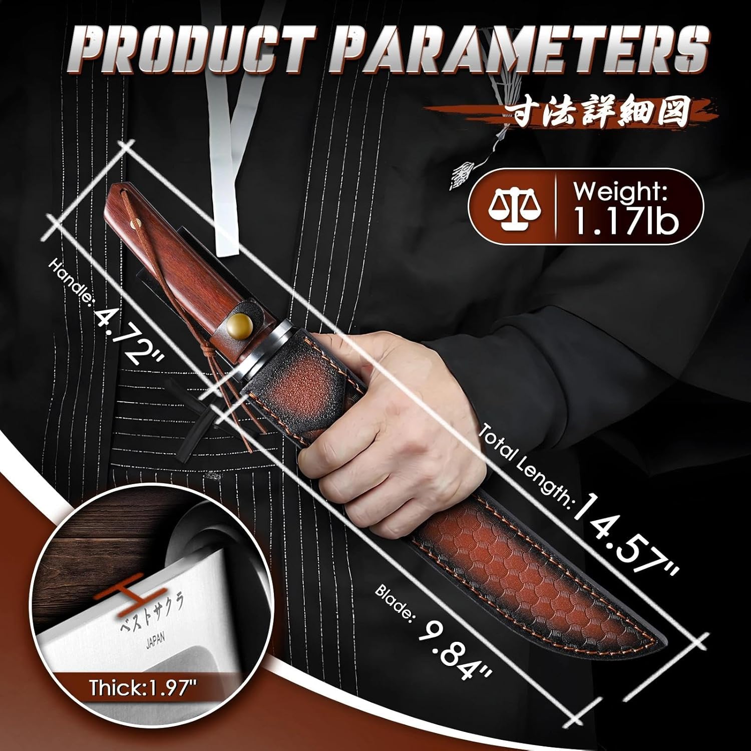 Tanto Fixed Blade Knife - Japanese Outdoor Survival Knives with Leather Sheath 5mm Thick Full Tang Bushcraft Knife for Camping Hiking Premium Gifts for Men