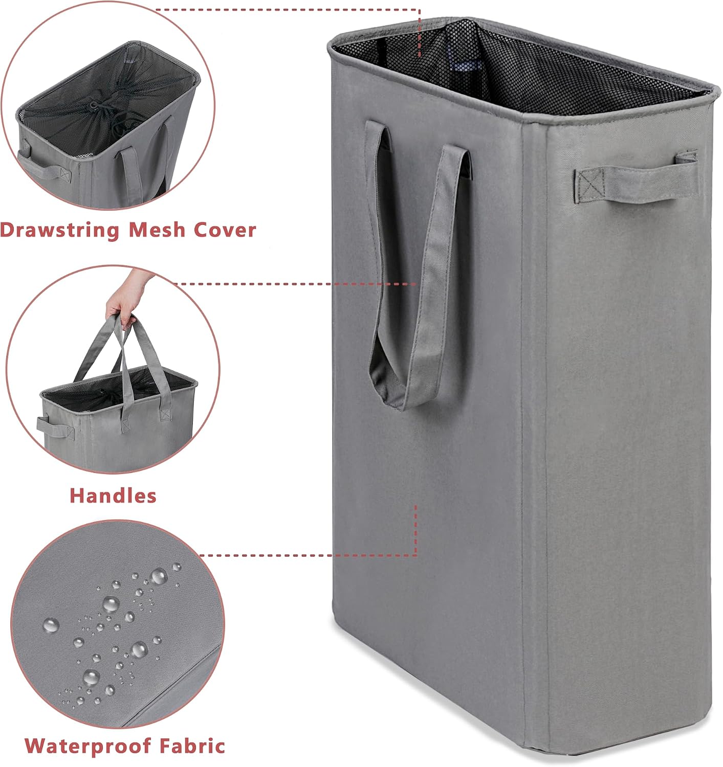 efluky Slim Laundry Basket, Narrow Laundry Hamper with Handles, Collapsible Dirty Clothes Hamper, Tall Laundry Bin for Laundry Room, Dorm and Bedroom, 12.7 Gallons(48L) Grey image 3