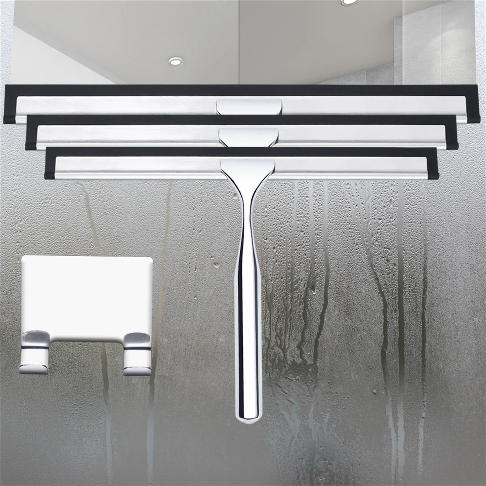 Duschabzieher 14-Zoll-Edelstahl-Silikon-Duschabzieher for Badezimmer-Glastüren mit Haken(12in)