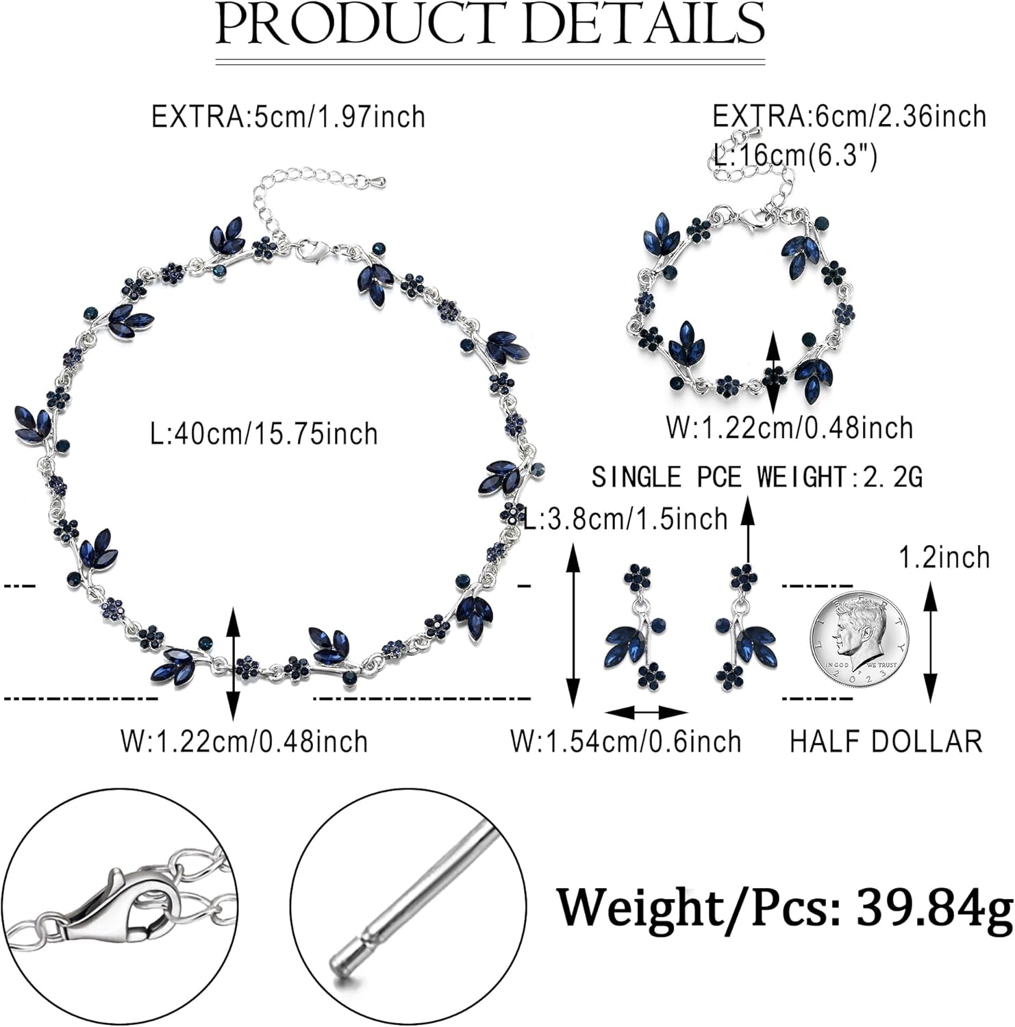 EVER FAITH Bridal Wedding Jewelry Set for Bride Bridesmaid Rhinestone Crystal Flower Leaf Choker Necklace Dangle Earring Link Bracelet Costume Accessories for Women - Image 6