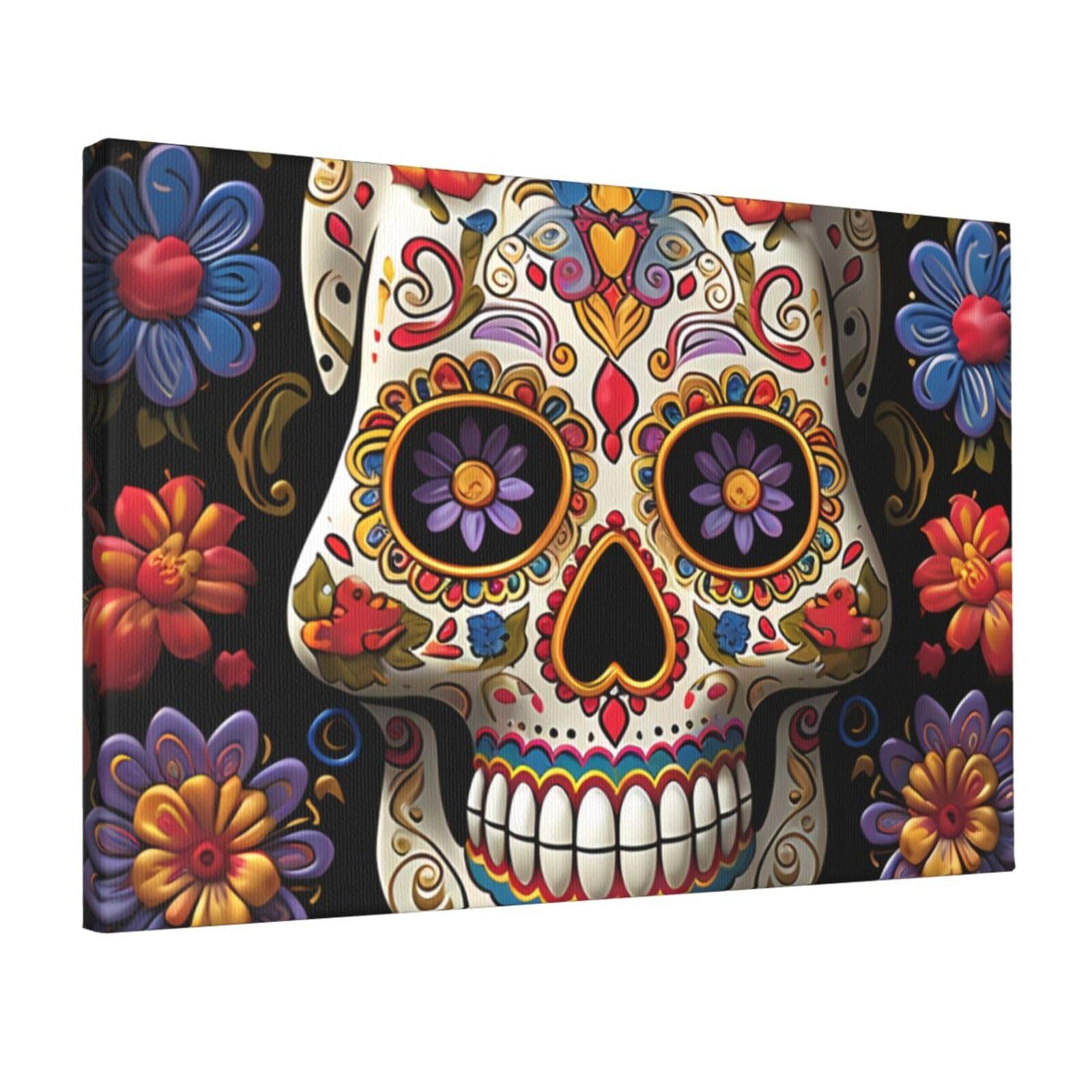 KLOPH Sugar Skulls Canvas Wall Art for Living Room 12"x18" Modern Artwork Painting for Bathroom Hanging Canvas Prints Aesthetic Wallart for Bedroom Kitchen Office Wall Decor