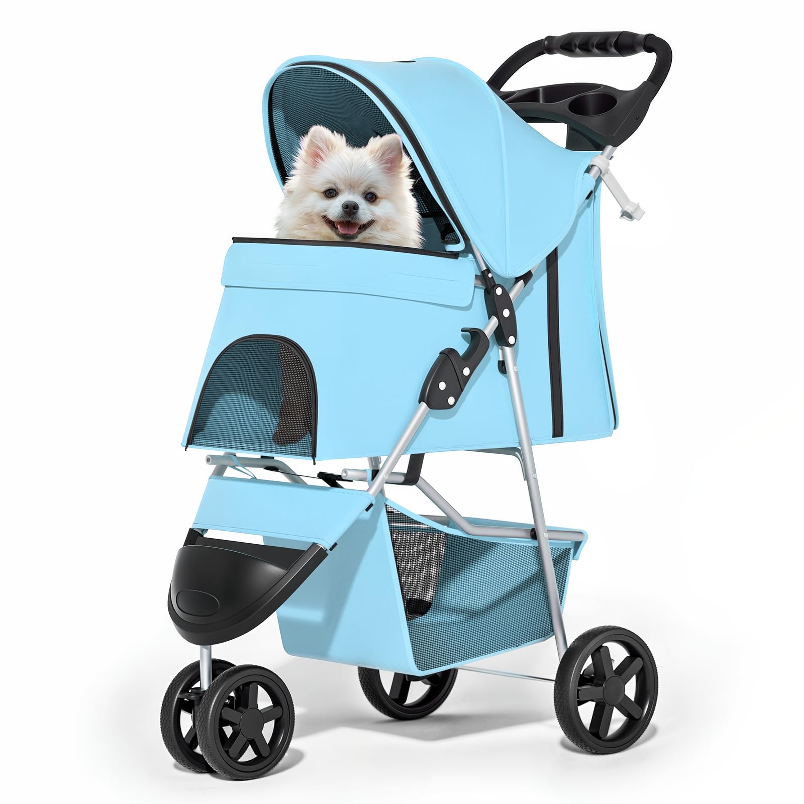 MoNiBloom 3 Wheels Pet Dog Cat Stroller for Small Medium Dogs Cats, Lightweight Foldable Jogger Stroller w/Storage Basket and Cup Holder, Mint Green