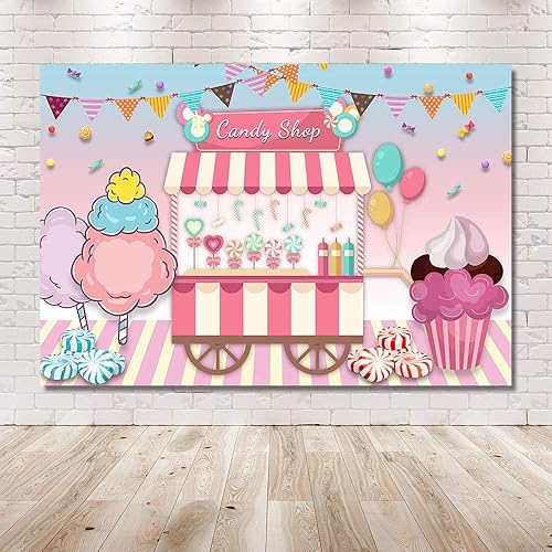 Miniatura 6 de Tienda de golosinas Candyland Girl de 7 x 5 pies para fiesta de cumpleaños de niña de Candyland, fondos rosados, piruleta dulce, tienda, bandera de