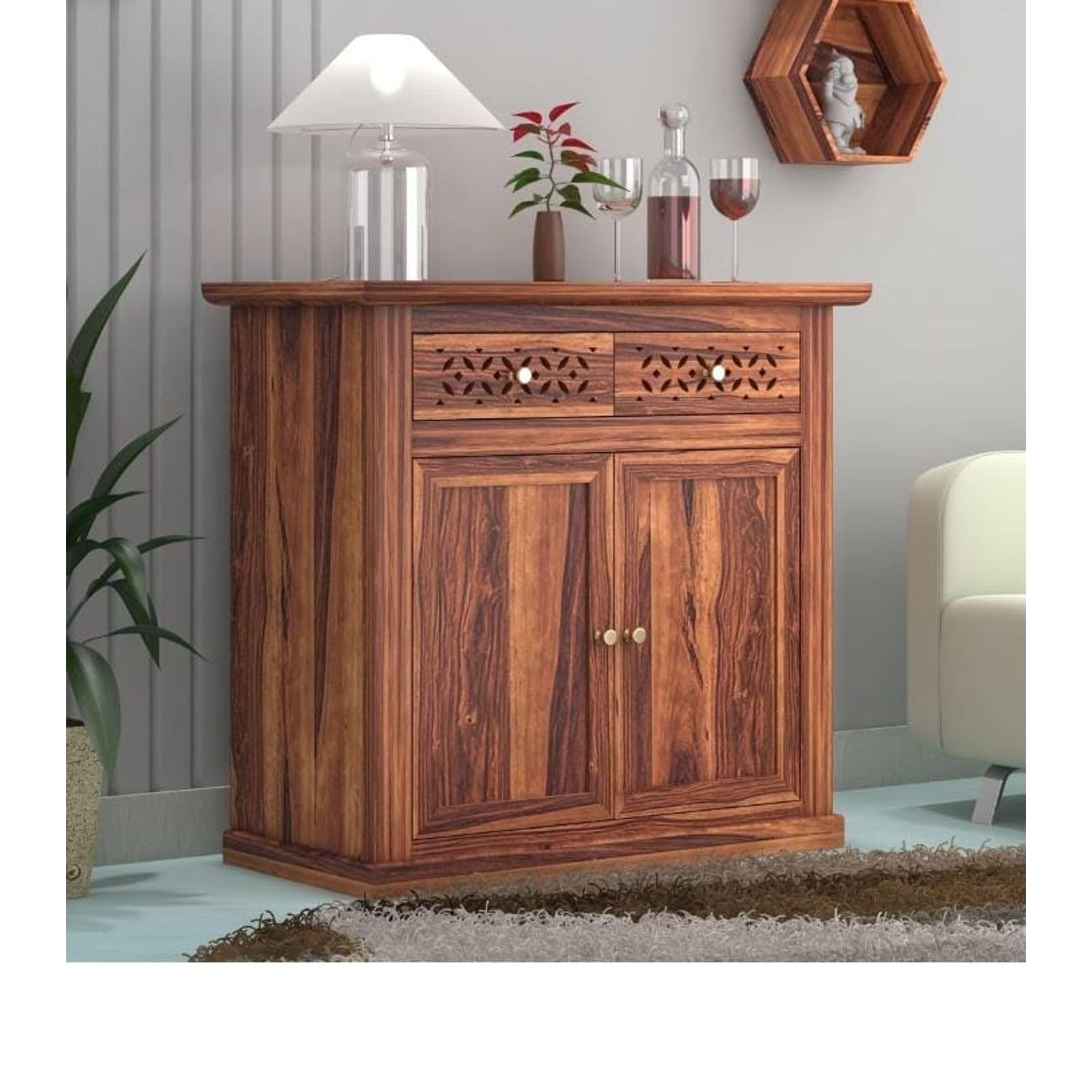 Wood Art & Craft Solid Sheesham Wood Sideboard Cabinet for Living and Dining Room, Two Door Two Drawer Design with Two Doors, Two Drawers and Inner Shelf, 90 x 40 x 80 cm, Honey Finish-image-21