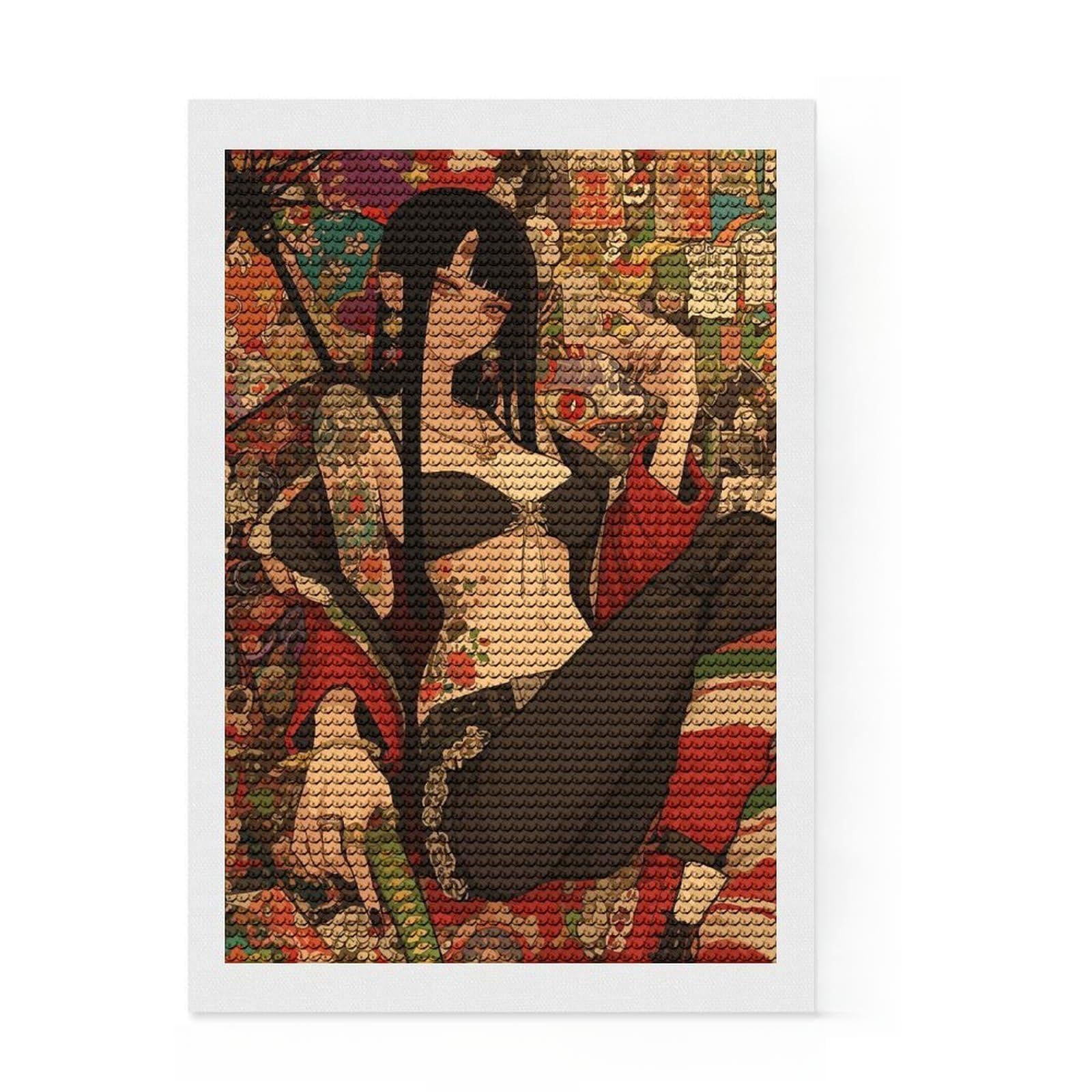 Junmoney Tattooed Anime Girl DIY Diamond Art Canvas Kit 8"x12", for Adults, Boho Decor, Full Kit Included, Artistic Hobby, Arts and Crafts